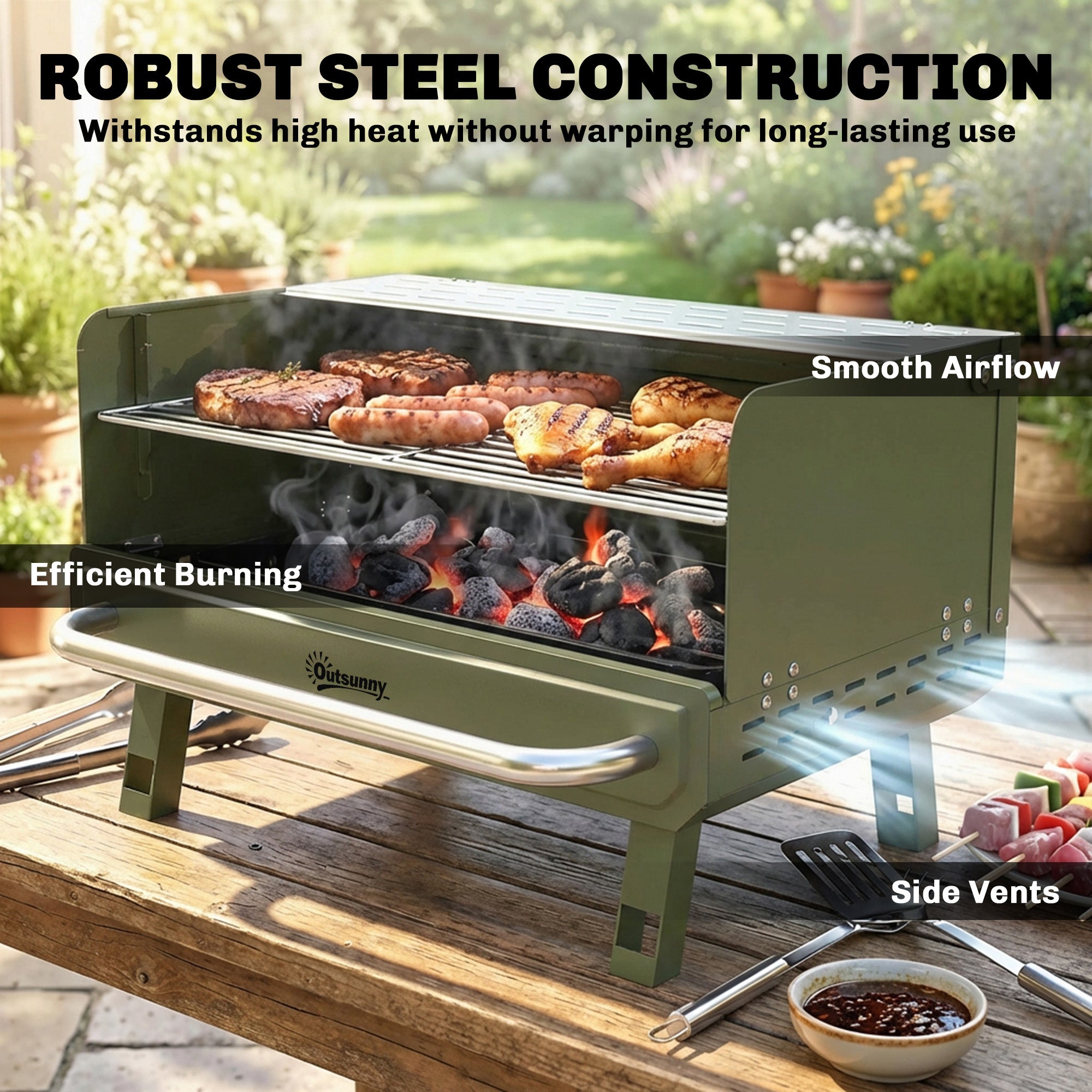 Portable BBQ Grill, Charcoal Barbecue Grill with Adjustable Grates, Foldable Legs, Side Shelf for Camping Travel, Green