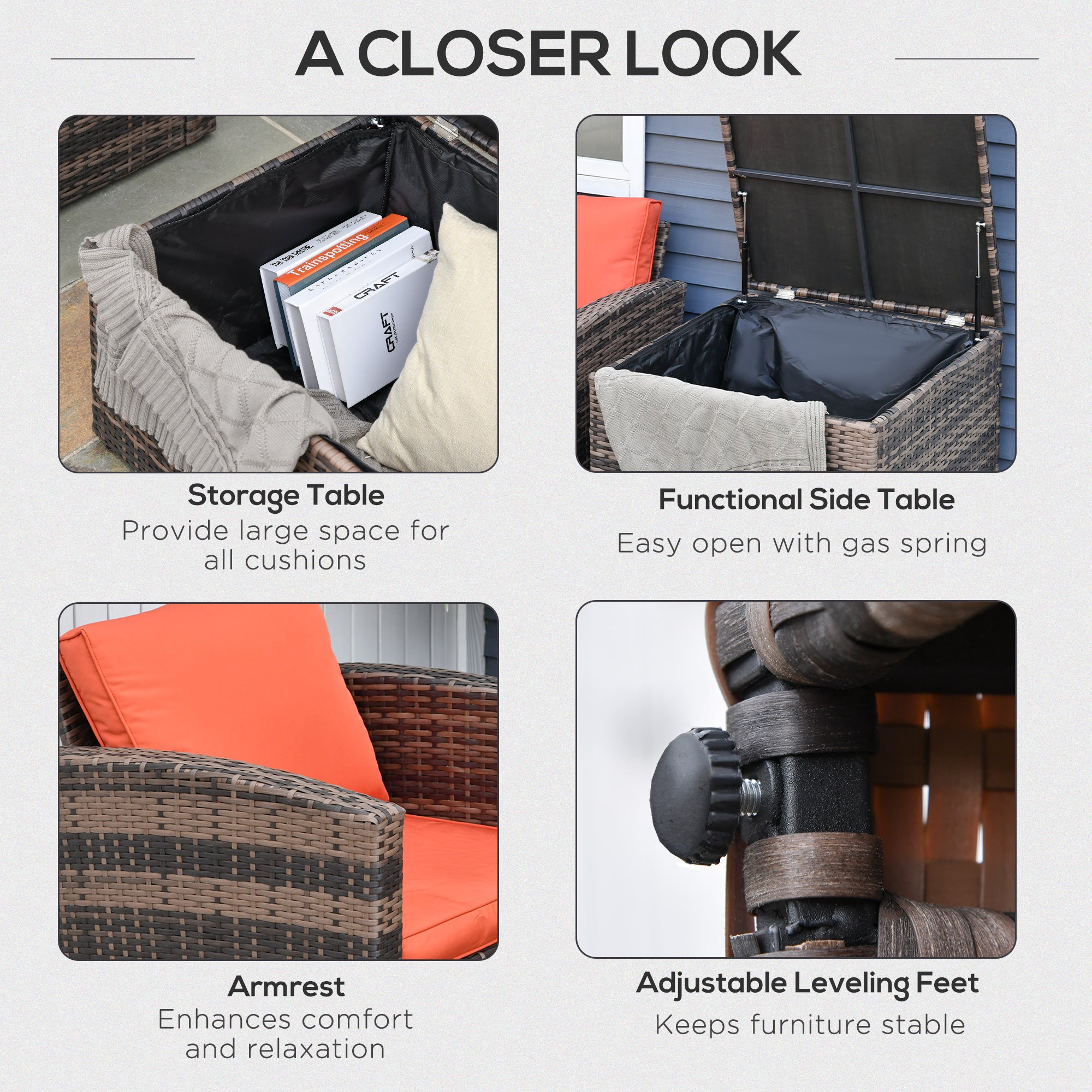 6 Piece Rattan Garden Furniture Set with Storage Table and Cushions - Orange