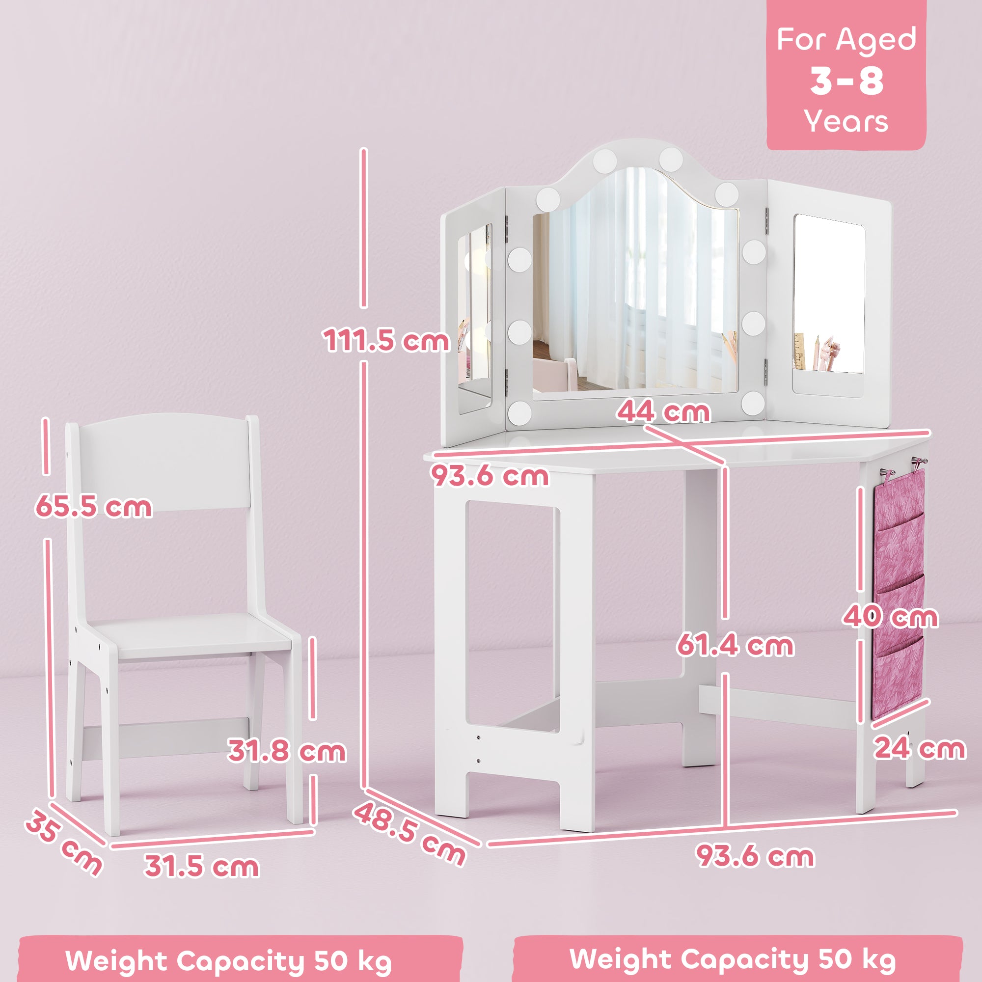 Kids Dressing Table and Stool Set, Girls Vanity Table with 2-Colour LED Lights, Tri-Folding Mirror, White