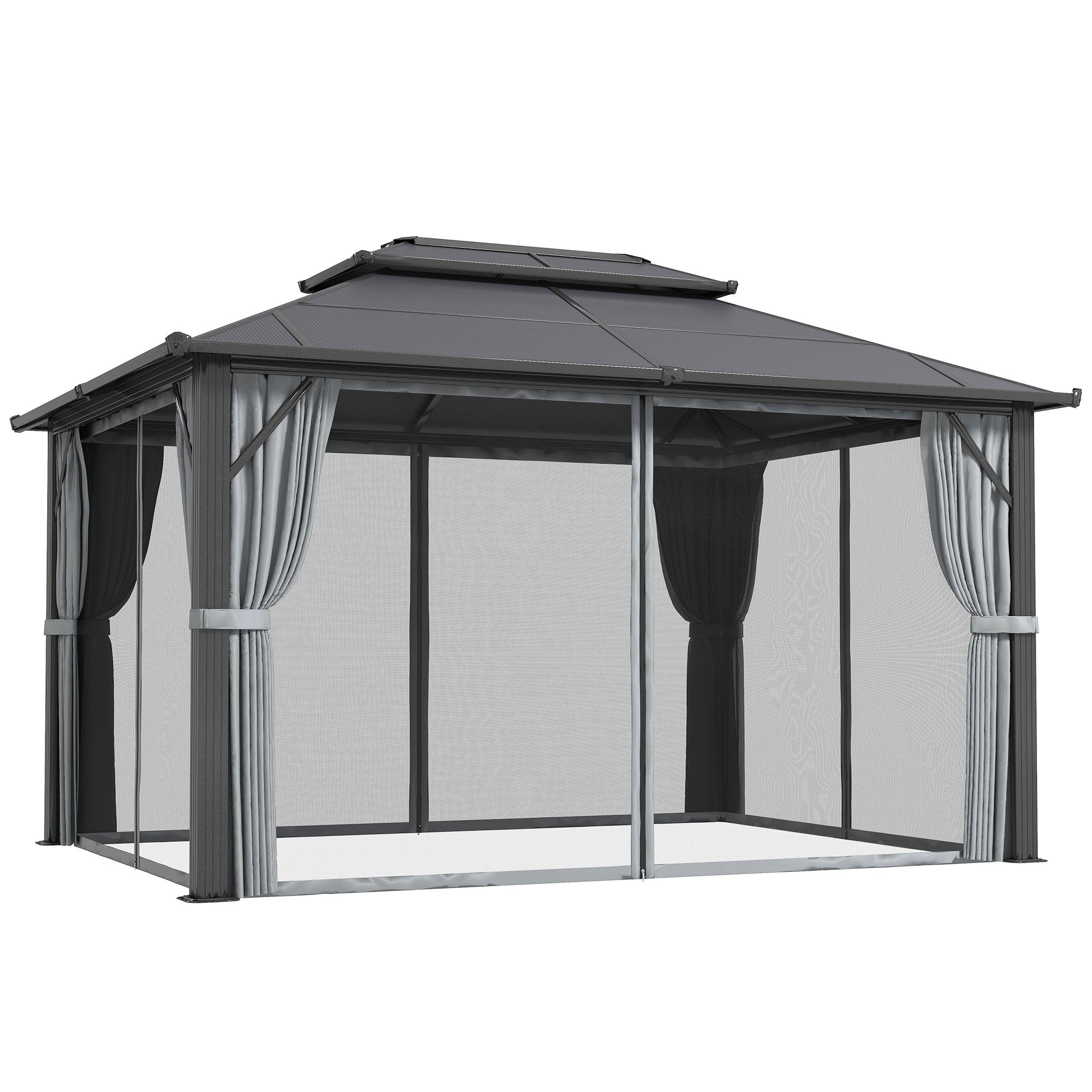 3x4m Hardtop Garden Gazebo with UPF30+ Double Polycarbonate Roof, Aluminium Frame, Mosquito Net & Curtains - Grey