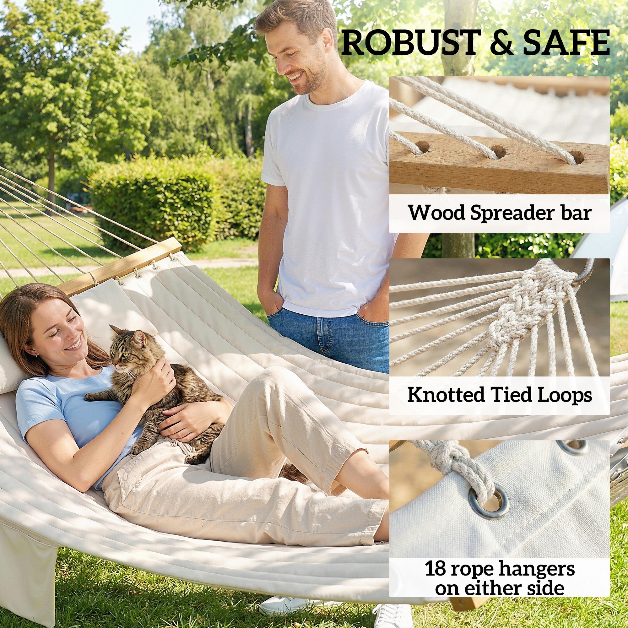 Double Hammock 2 Person Swing Bed with Spreader Bars, Pillows, Pad, 200 x 140cm, Cream White