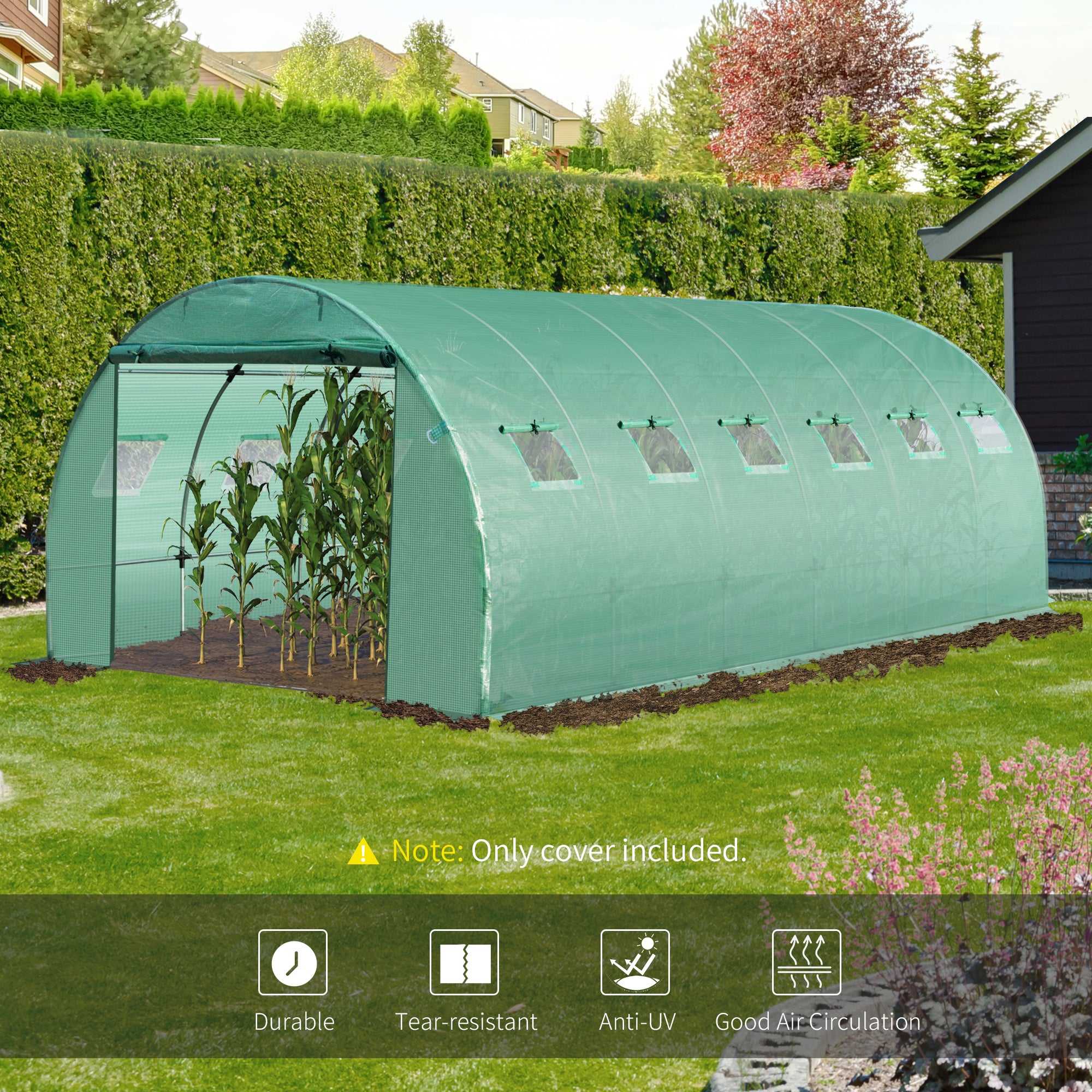 6 x 3 x 2m Greenhouse Replacement Cover ONLY Winter Garden Plant PE Cover for Tunnel Walk-in Greenhouse with Roll-up Windows Door Outdoor, Green