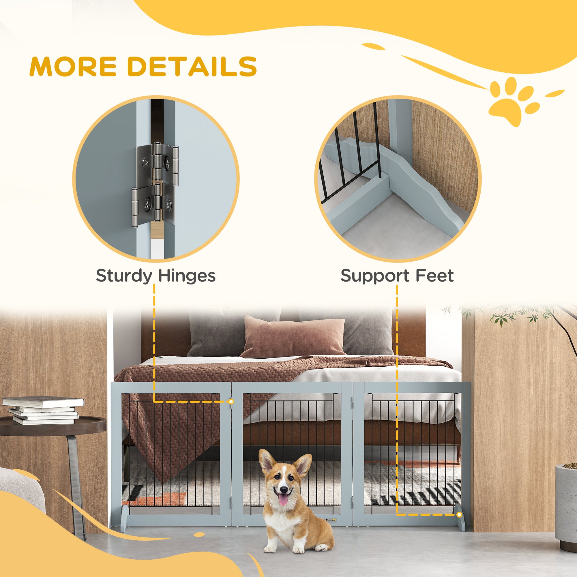 Foldable Three-Panel Pet Gate with Two Support Feet - Grey