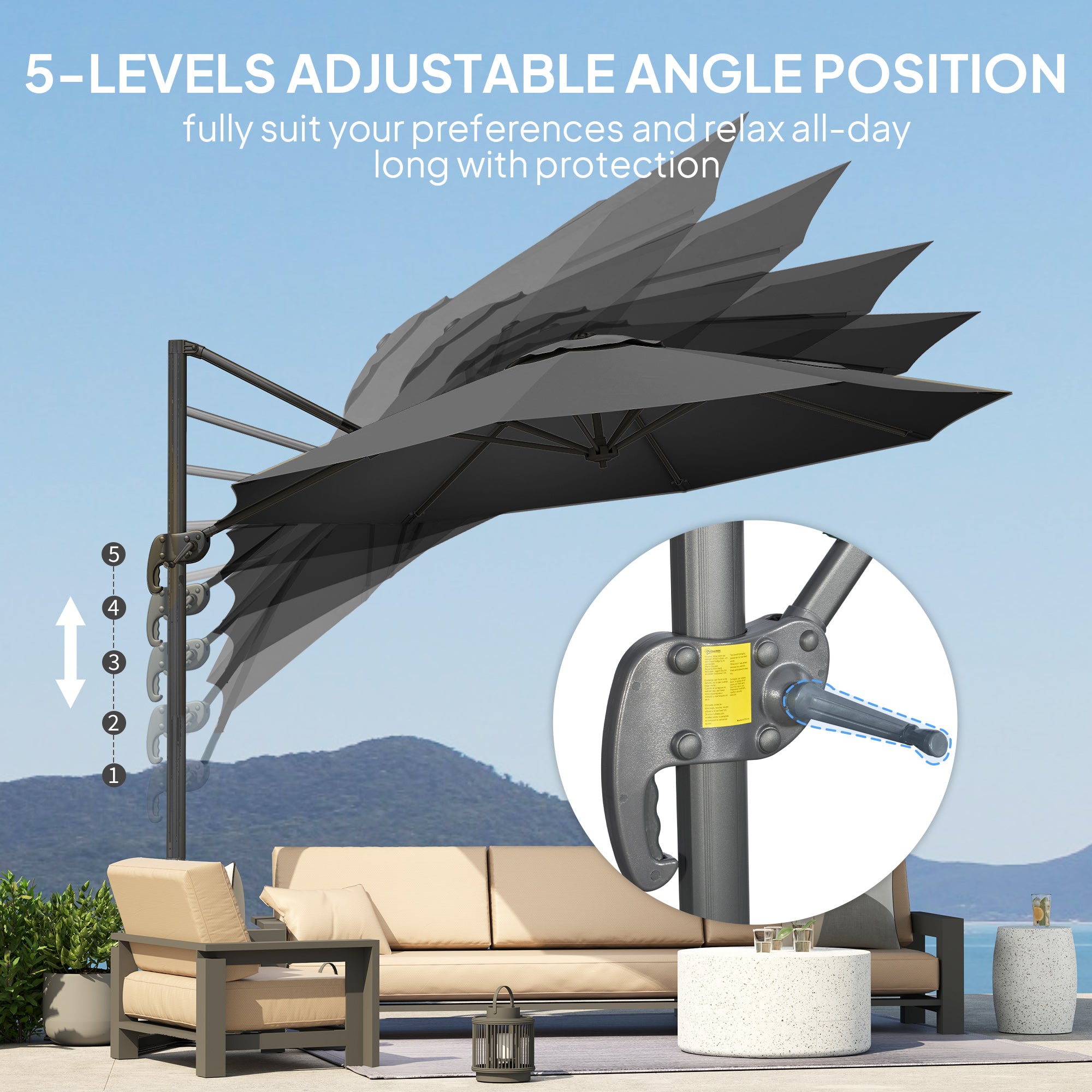 3 x 3 Metre Cantilever Parasol with 360° Rotation and Cross Base - Black