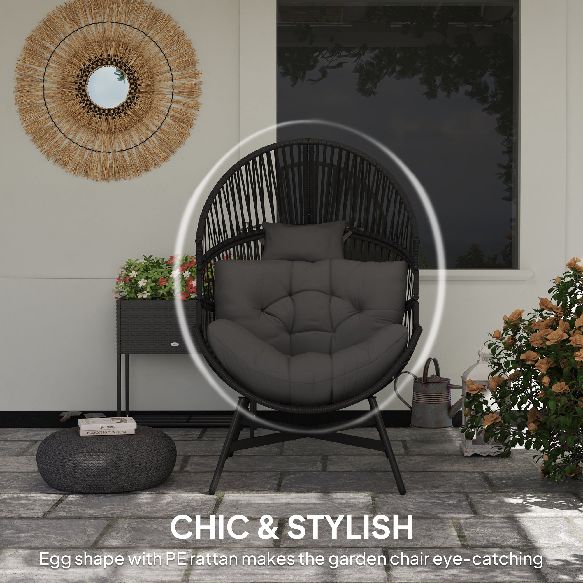 Standing Rattan Egg Chair with Steel Frame and Thick Cushion - Charcoal Grey