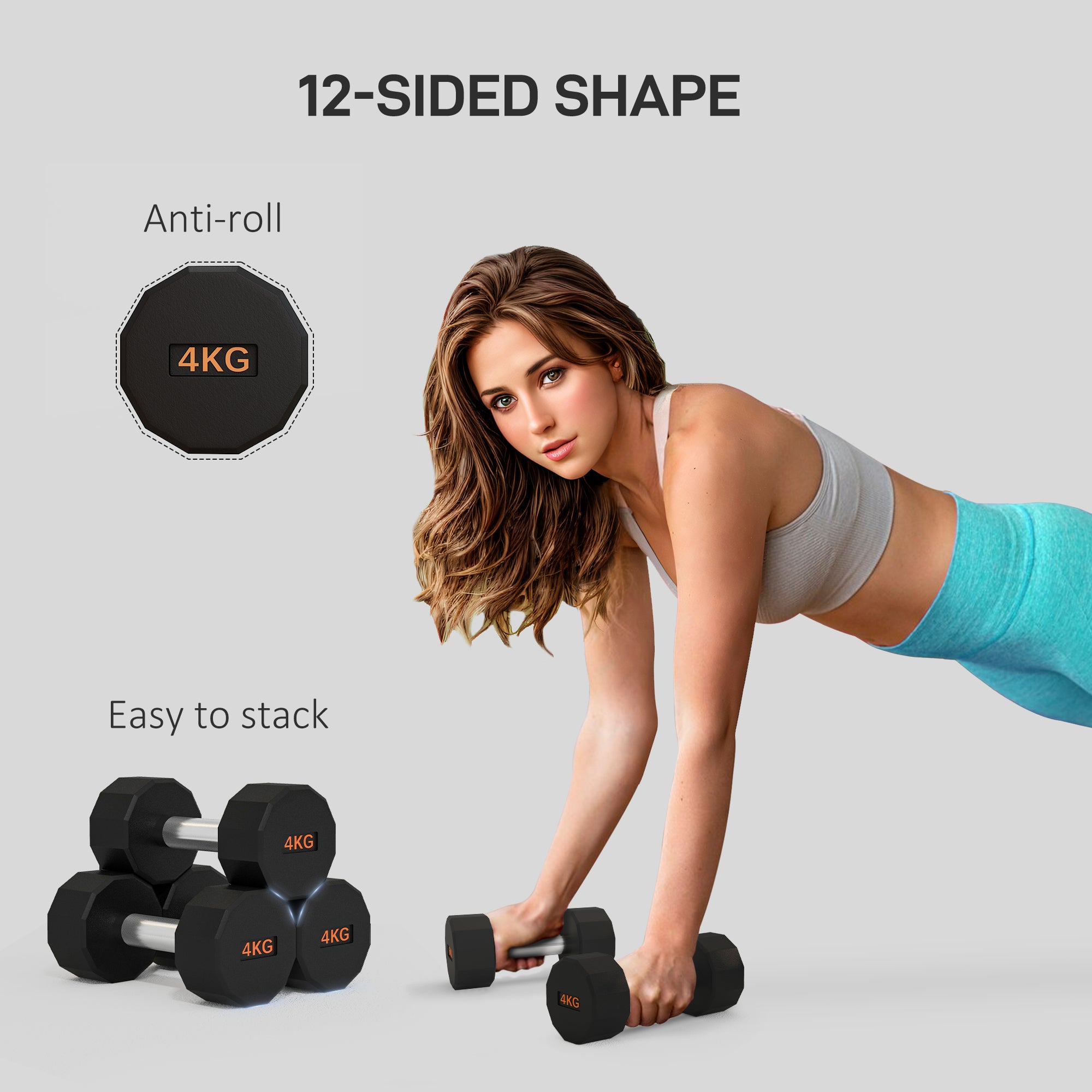 2 x 4kg Dumbbells Weights Set with 12-Sided Shape and Non-Slip Grip for Men Women Home Gym Workout