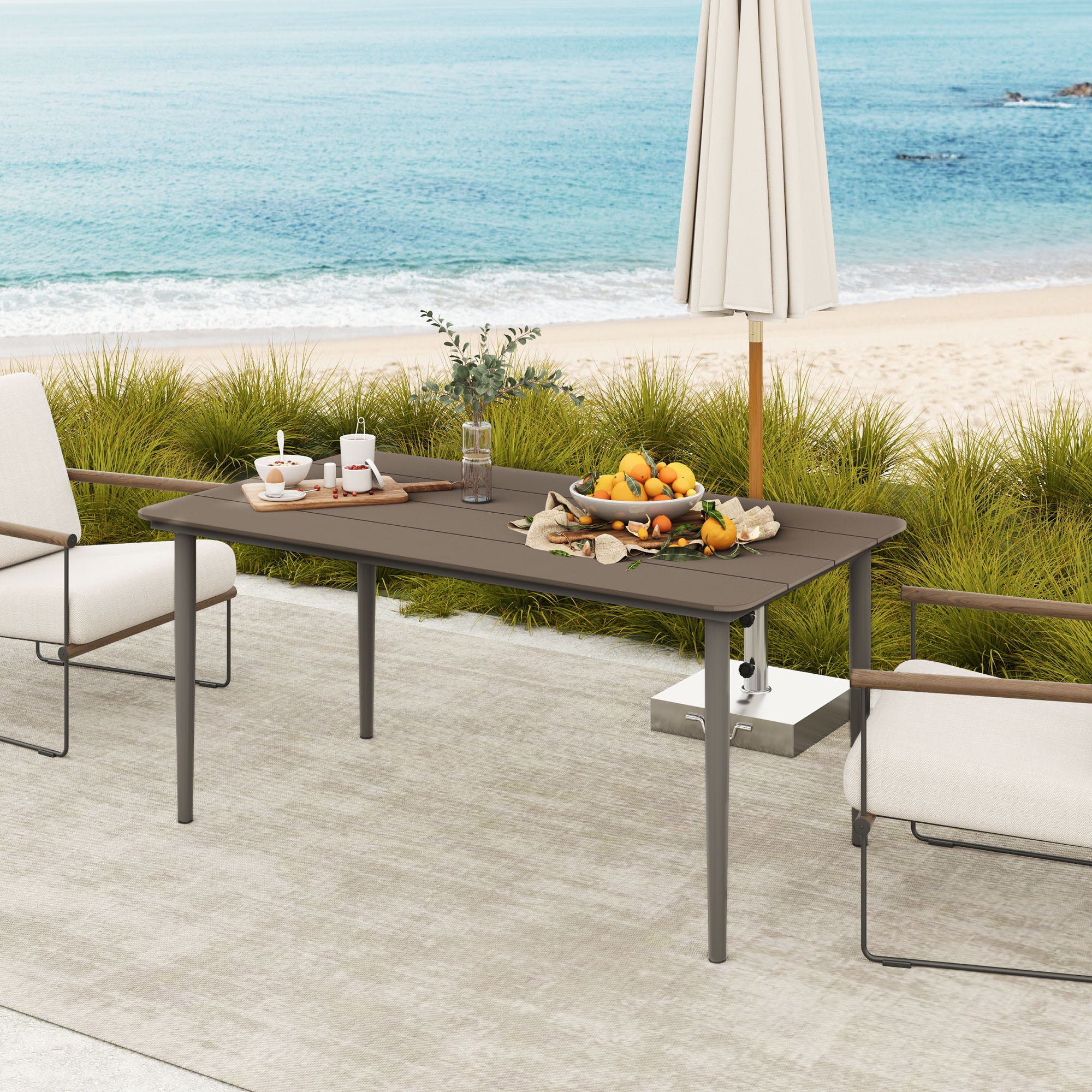 6 Seater Outdoor Dining Table with Rust-Resistant Metal Frame - Dark Grey