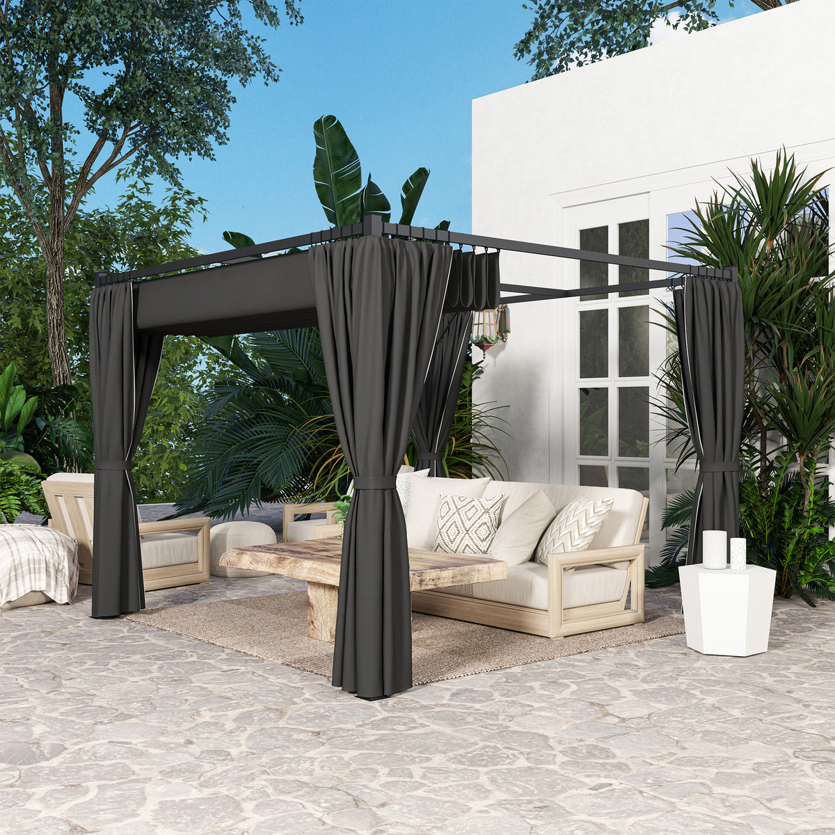 3 x 3m Retractable Pergola with Curtains for Garden, Patio, Deck - Charcoal Grey