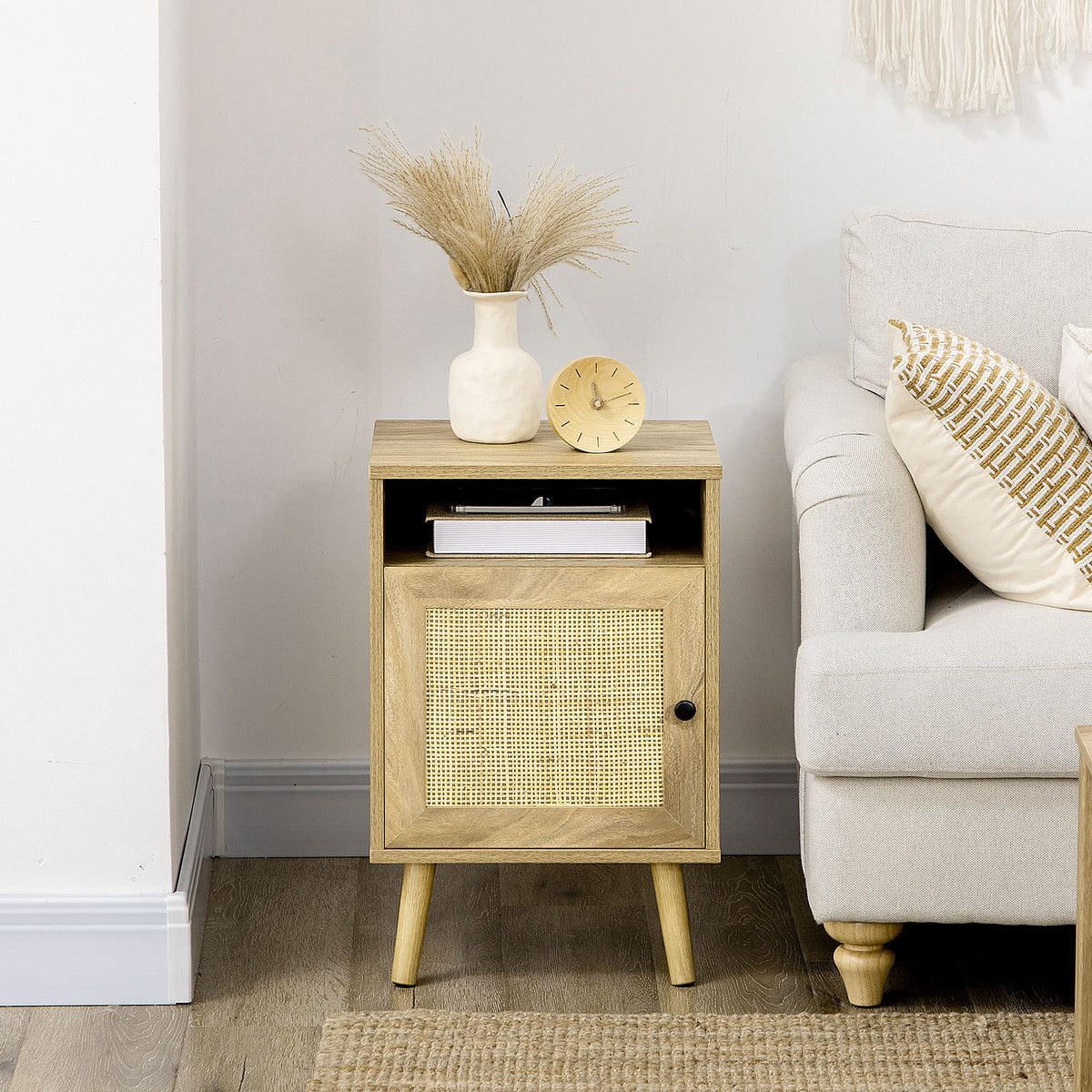 Bedside Table with Rattan Panel, Shelf & Cupboard 39x35x60cm - Natural