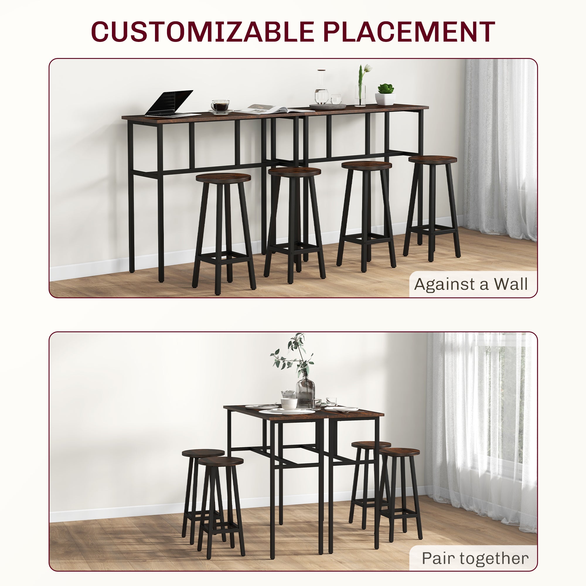 6-Piece Counter Height Bar Table Set with 2 Tables & 4 Stools - Rustic Brown