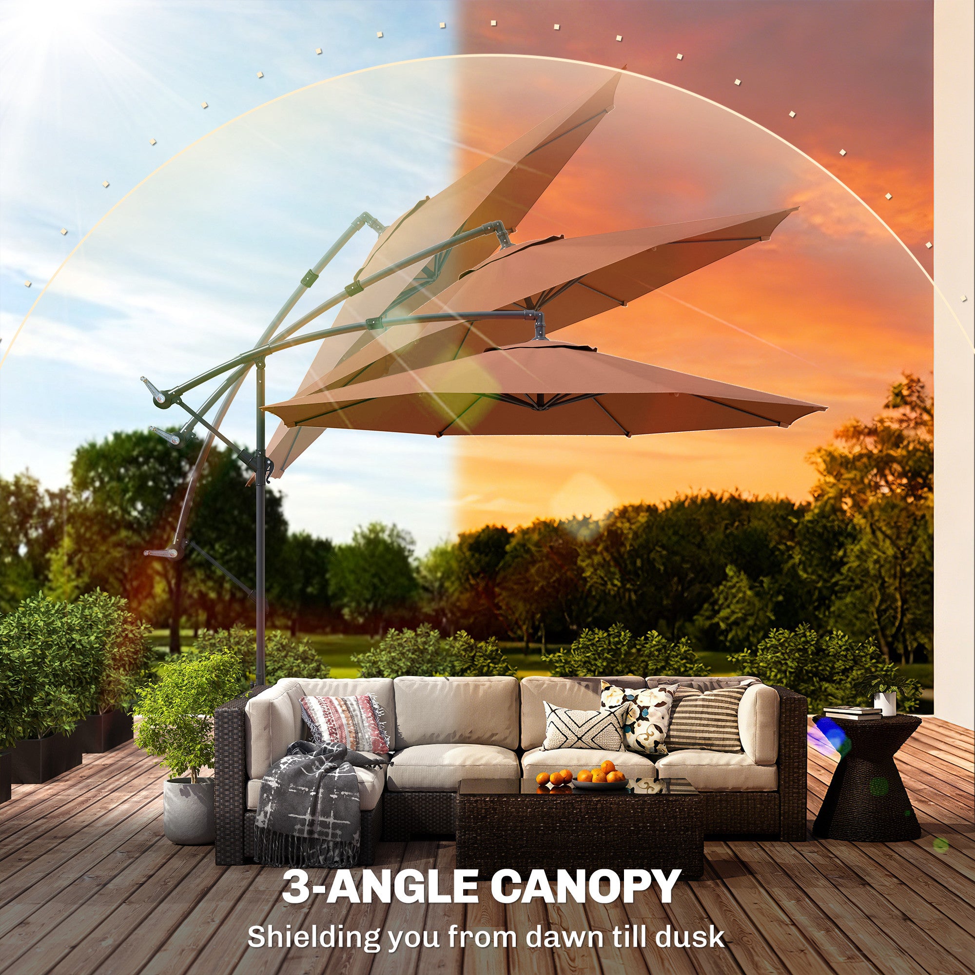3 m Overhanging Cantilever Parasol, with Cross Base - Coffee