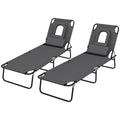 Outdoor Foldable Sun Lounger Set of 2 with 4-Level Adjustable Backrest, Pillow & Reading Hole - Dark Grey