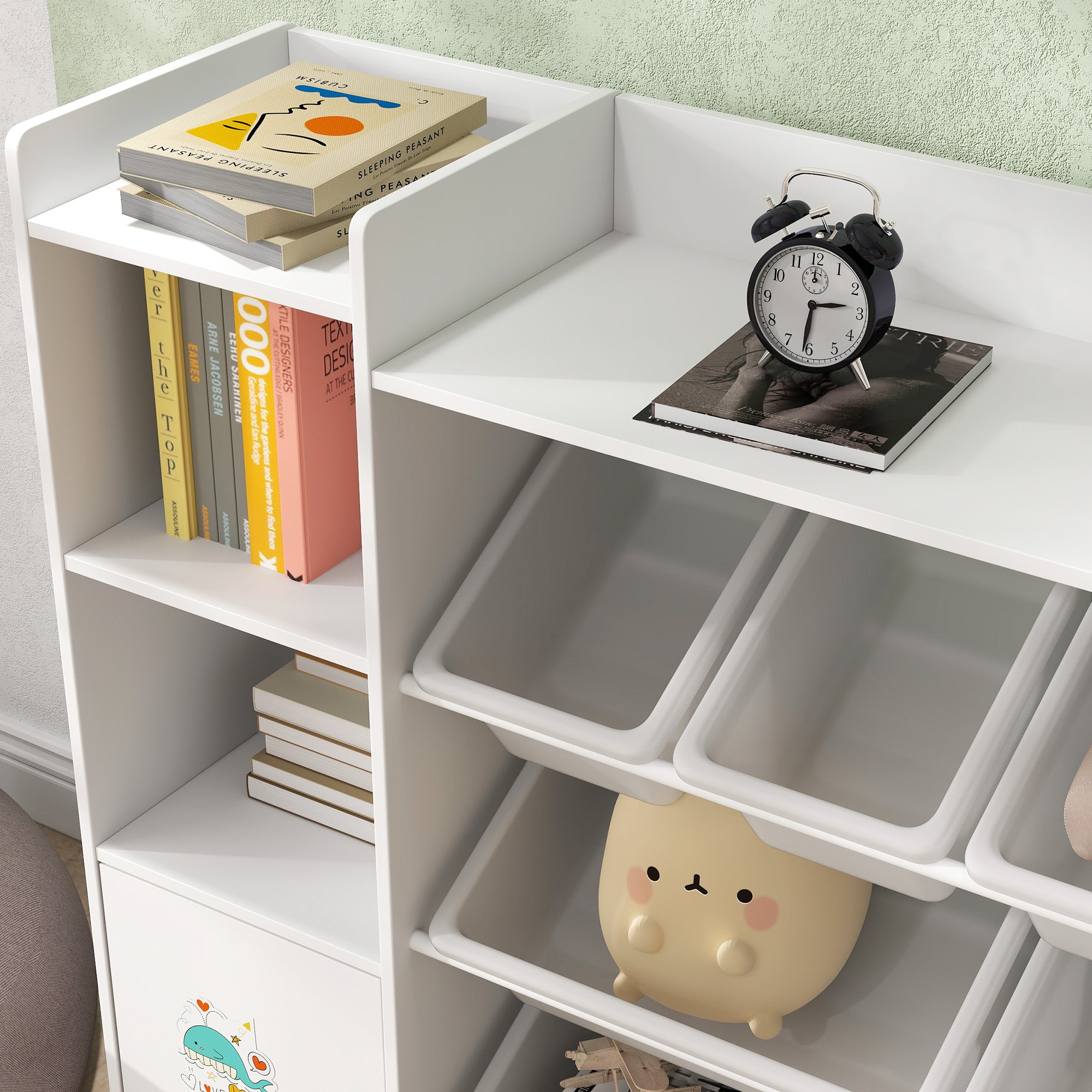 Kids Toy Organizers and Storage with 8 Removable Storage Bins and Bookshelf, White