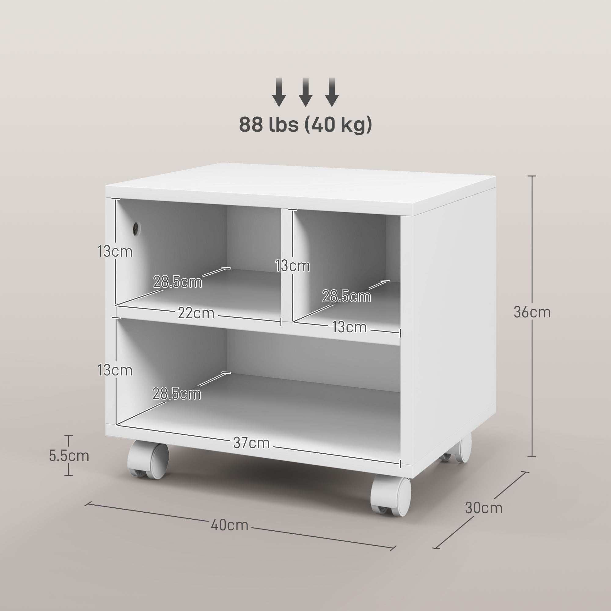 Three-Compartment Printer Cabinet, with Wheels - White