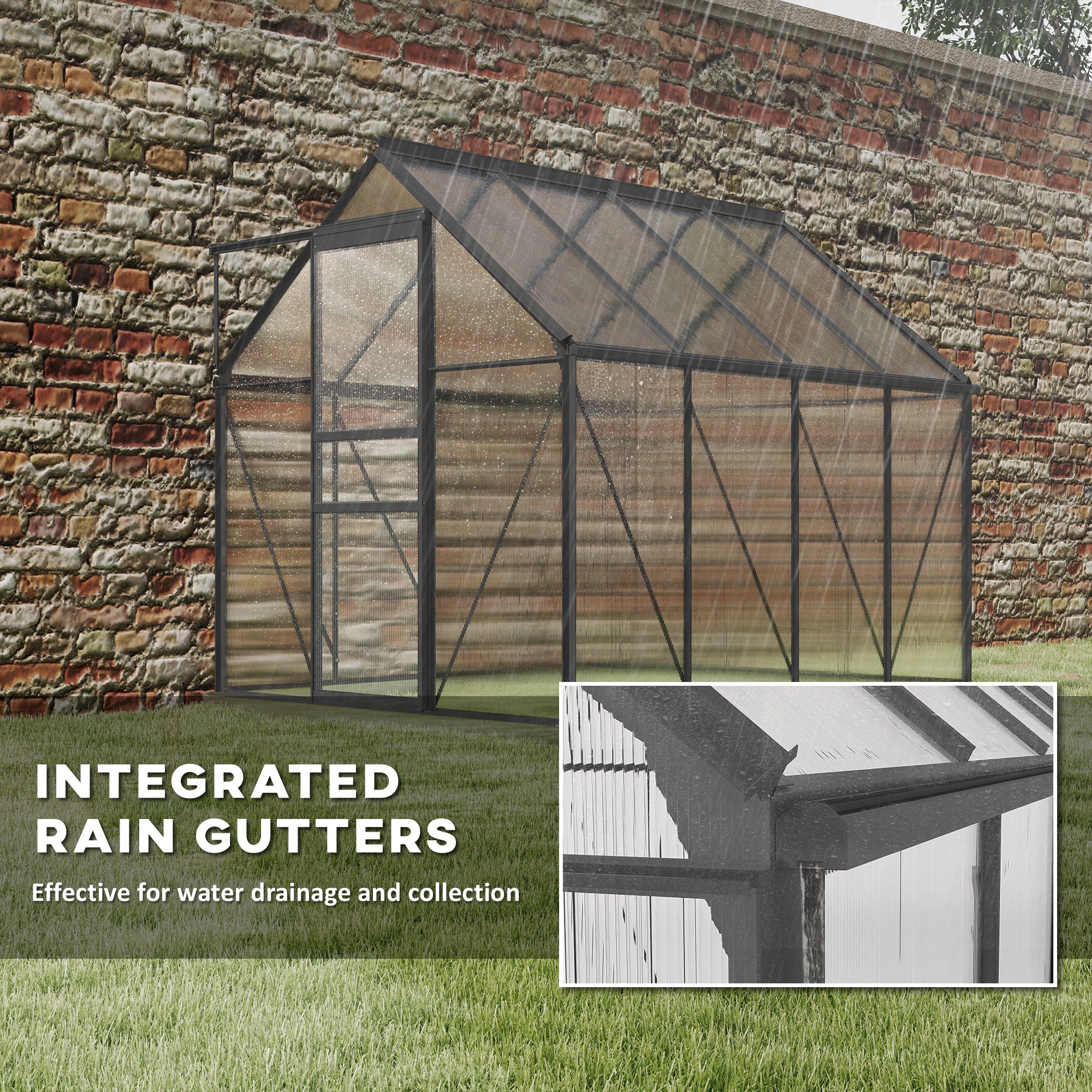 190 x 253 cm Walk-In Polycarbonate Greenhouse - Dark Grey