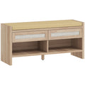Boho Shoe Bench with 2 Rattan Drawers, Shoe Storage Bench with Cushioned Seat and Open Shelf Oak Wood Effect