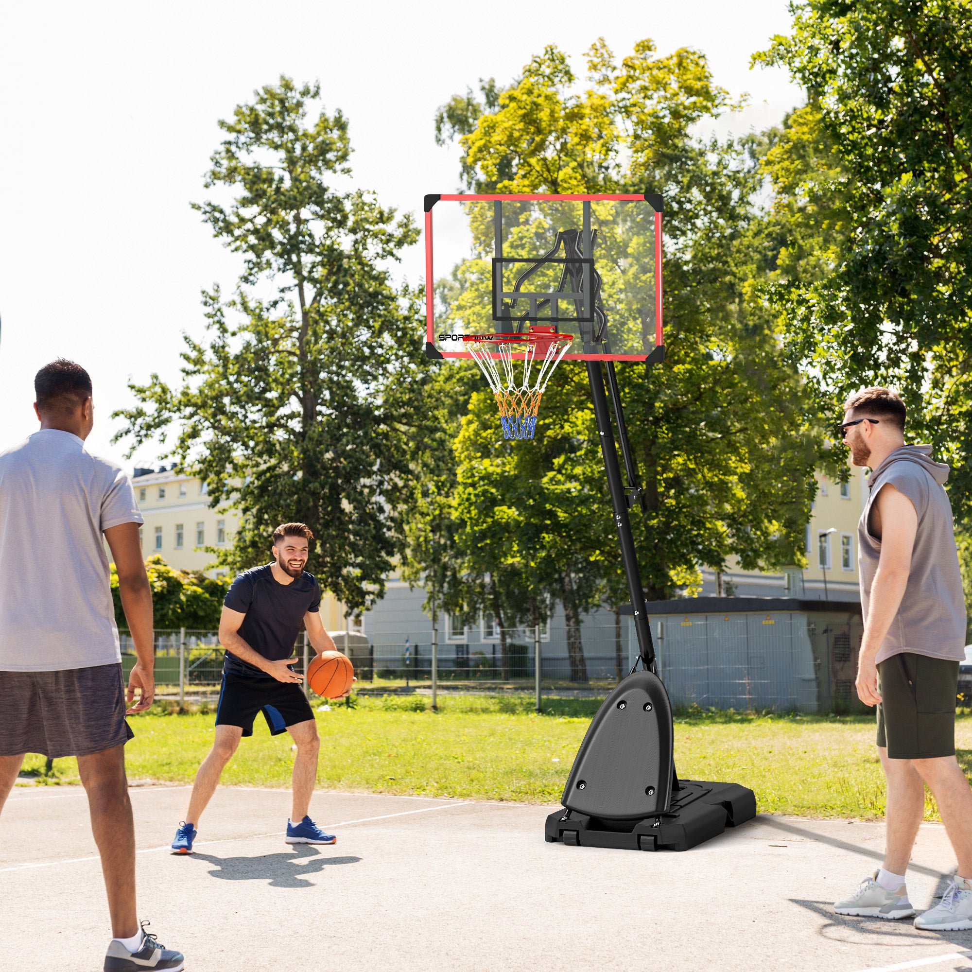 2.4-2.9m Adjustable Basketball Hoop and Stand with Weighted Base, Portable on Wheels, Red