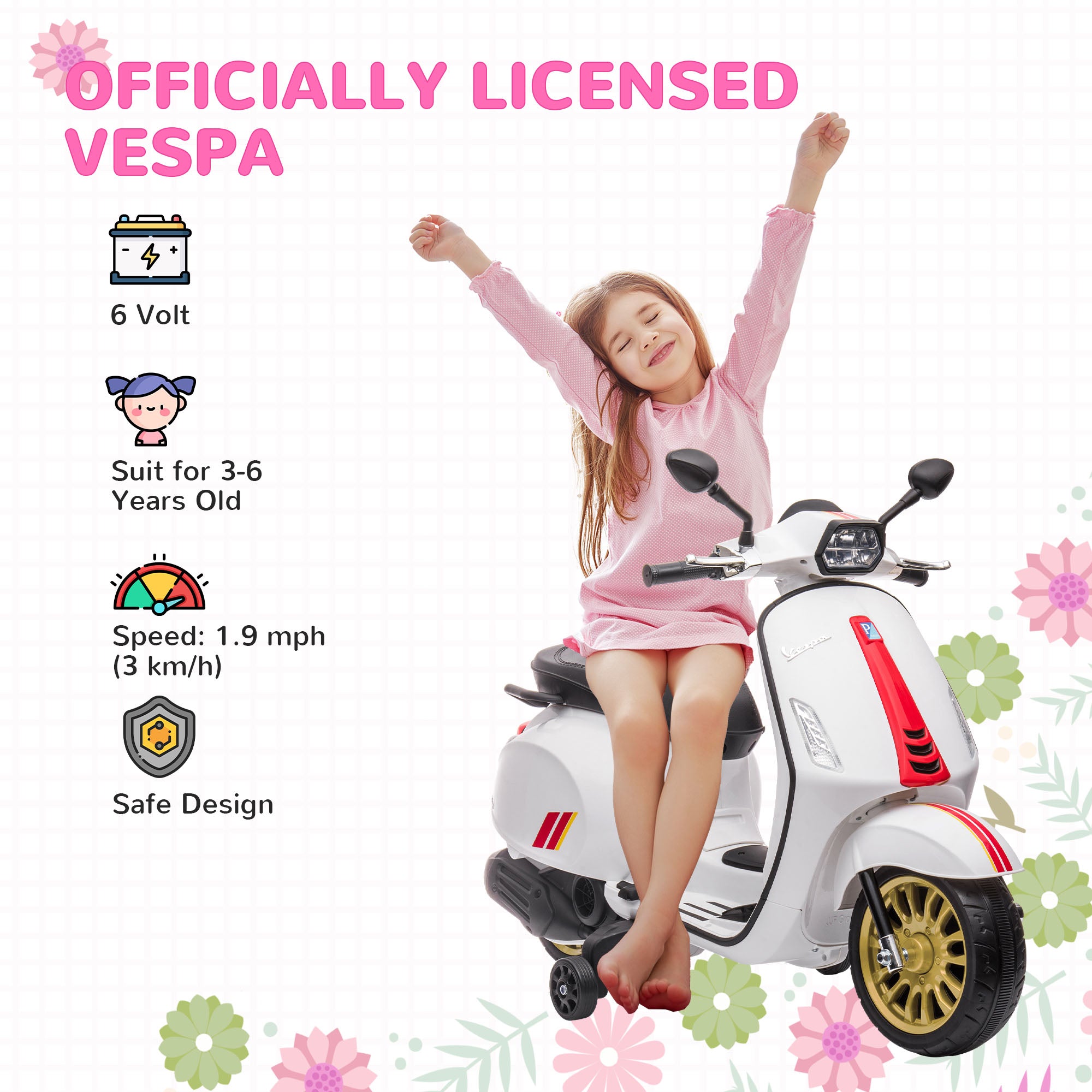 12V Vespa Licensed Kids Electric Motorbike w/ Music, Headlights, FM Radio, for 3-6 Years - White