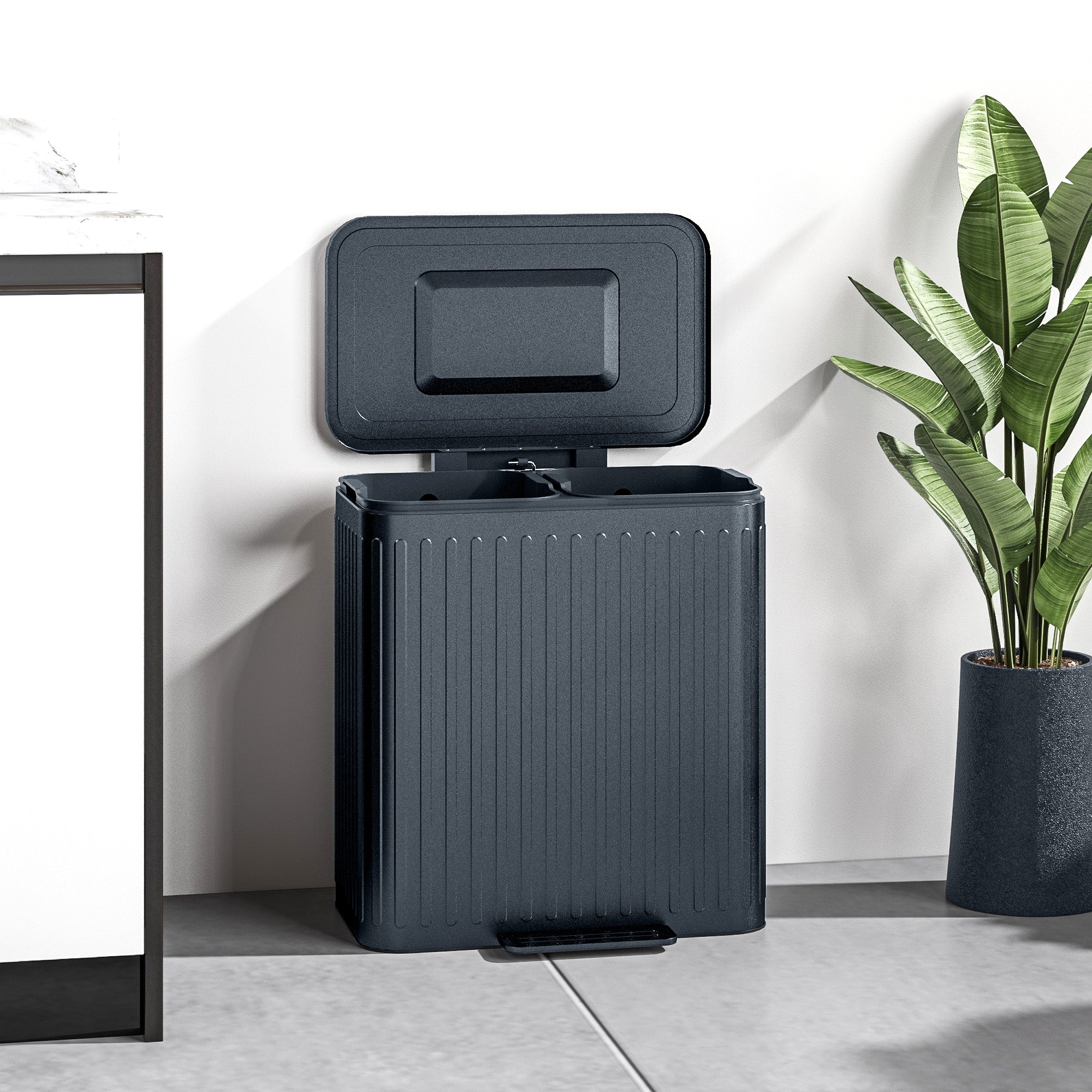 40L Dual Compartment Rubbish Bin, with Soft-Close Lid - Black