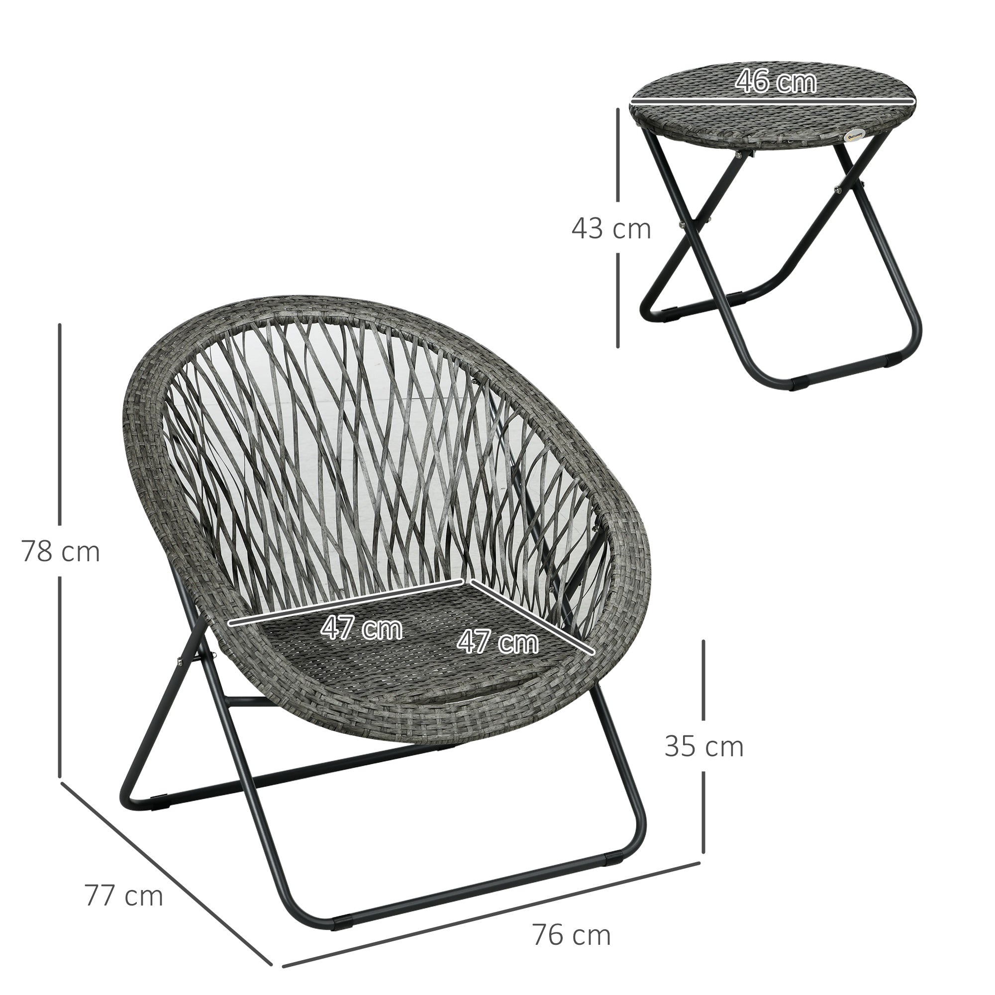 3 Pieces Rattan Bistro Set, Wicker Folding Garden Furniture Set with Round Coffee Table and Chairs for Outdoor, Patio, Balcony, Grey