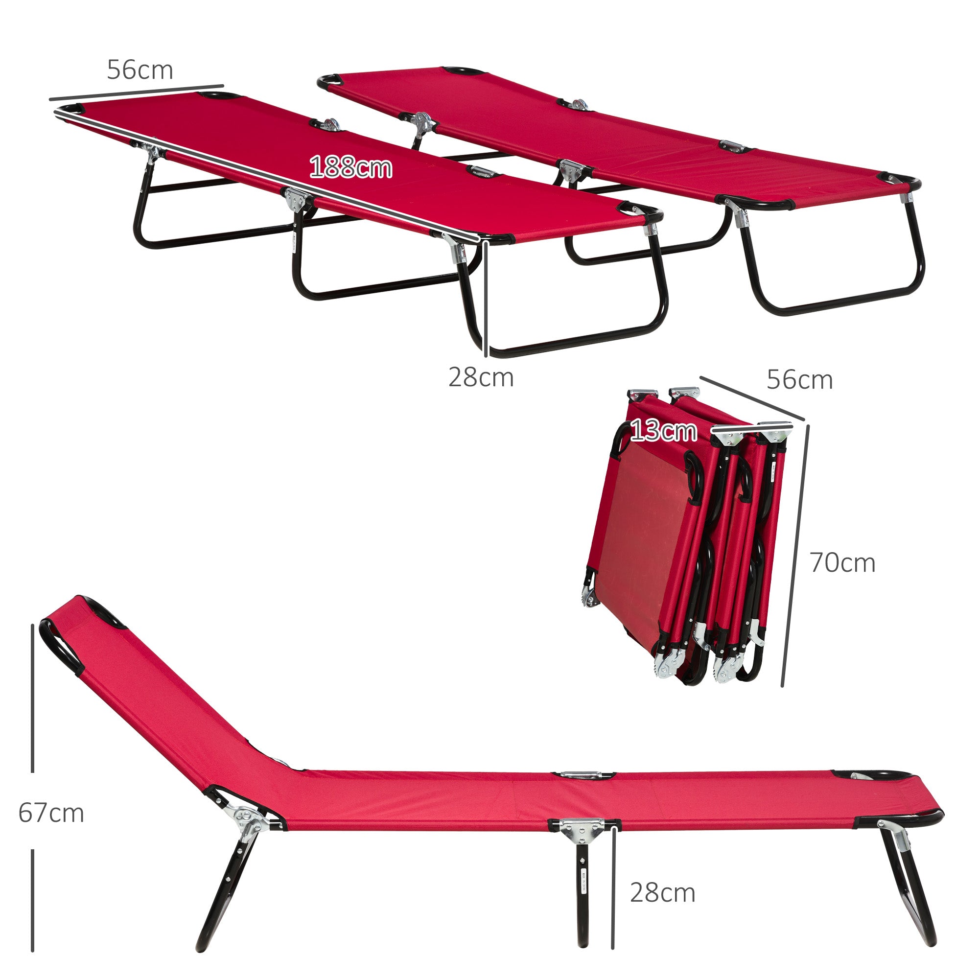 Set of 2 Folding Outdoor Sun Loungers with 5-Position Adjustable Backrest - Wine Red