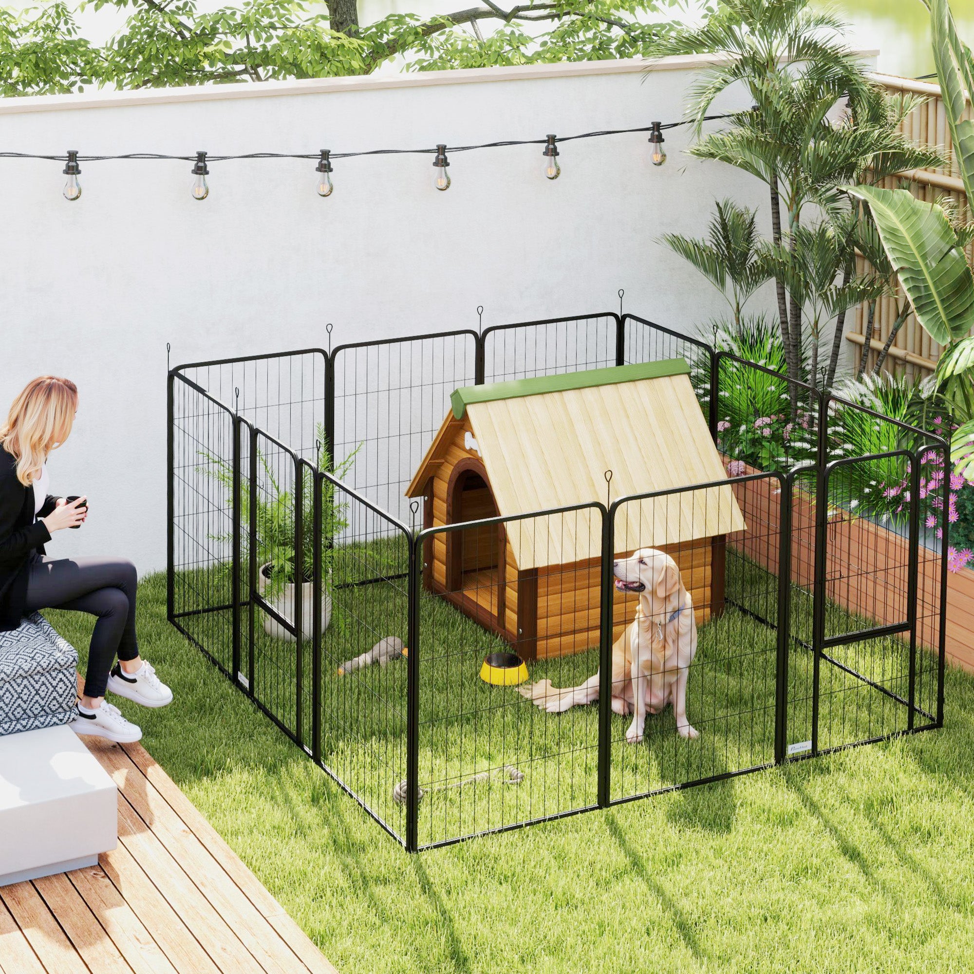 12 Panels Heavy Duty Dog Playpen with Doors, for Large Dogs, 100cm High, Black