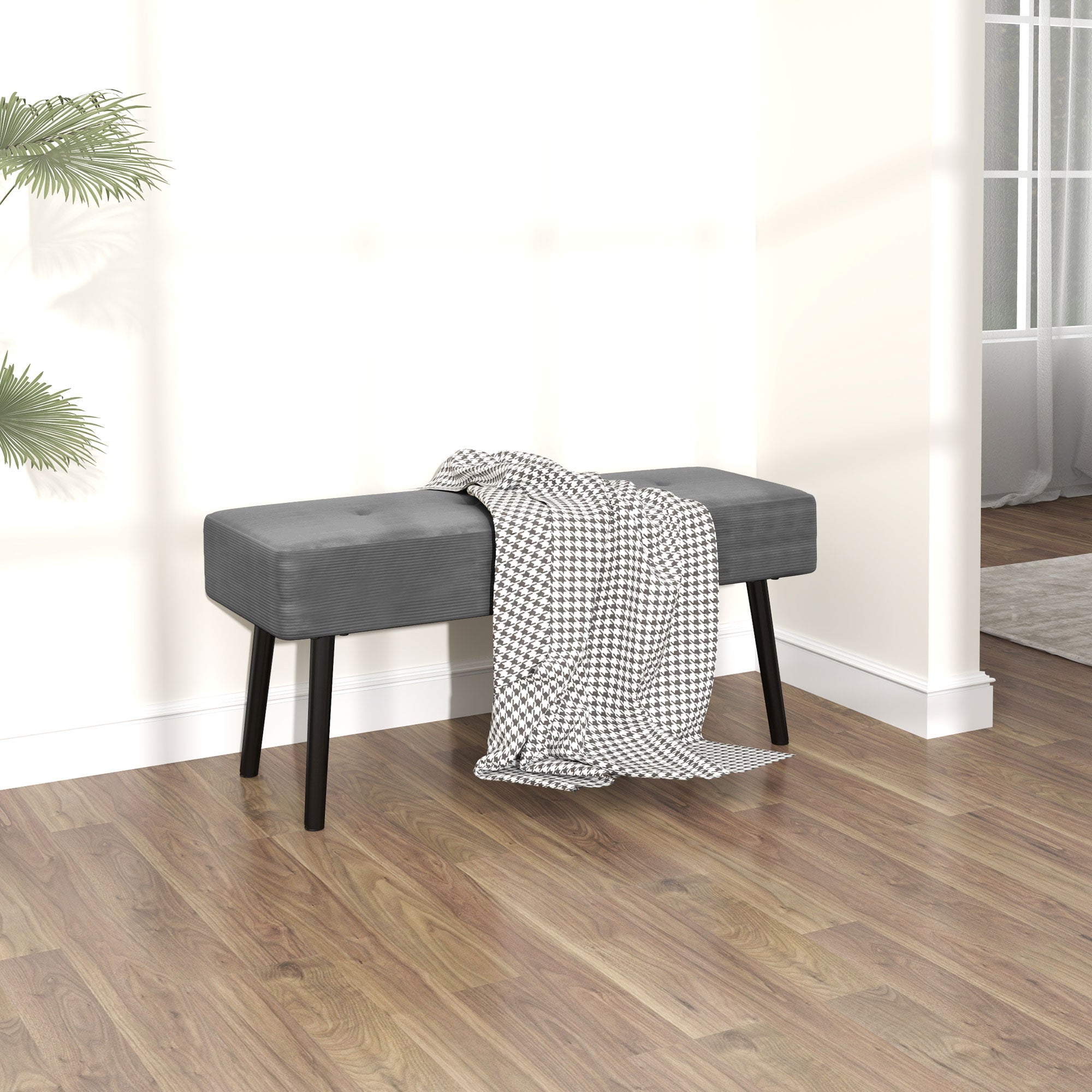 Corduroy End of Bed Bench with Thick Padding and Steel Legs - Grey
