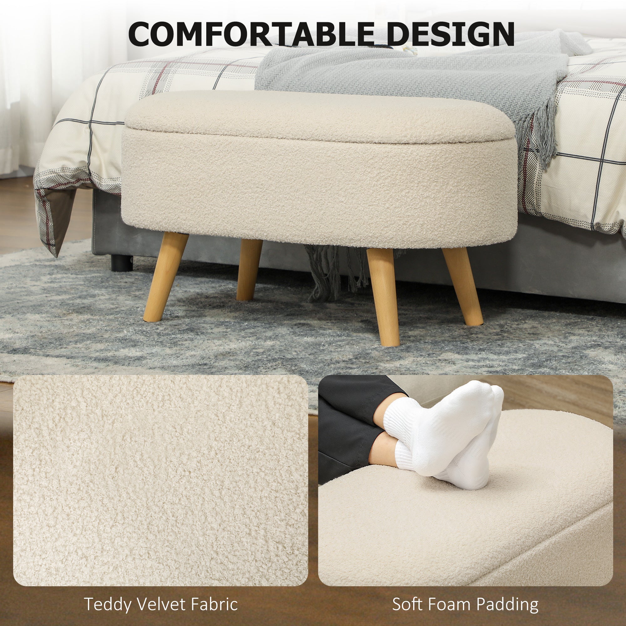 Teddy Fleece Storage Ottoman - Cream White