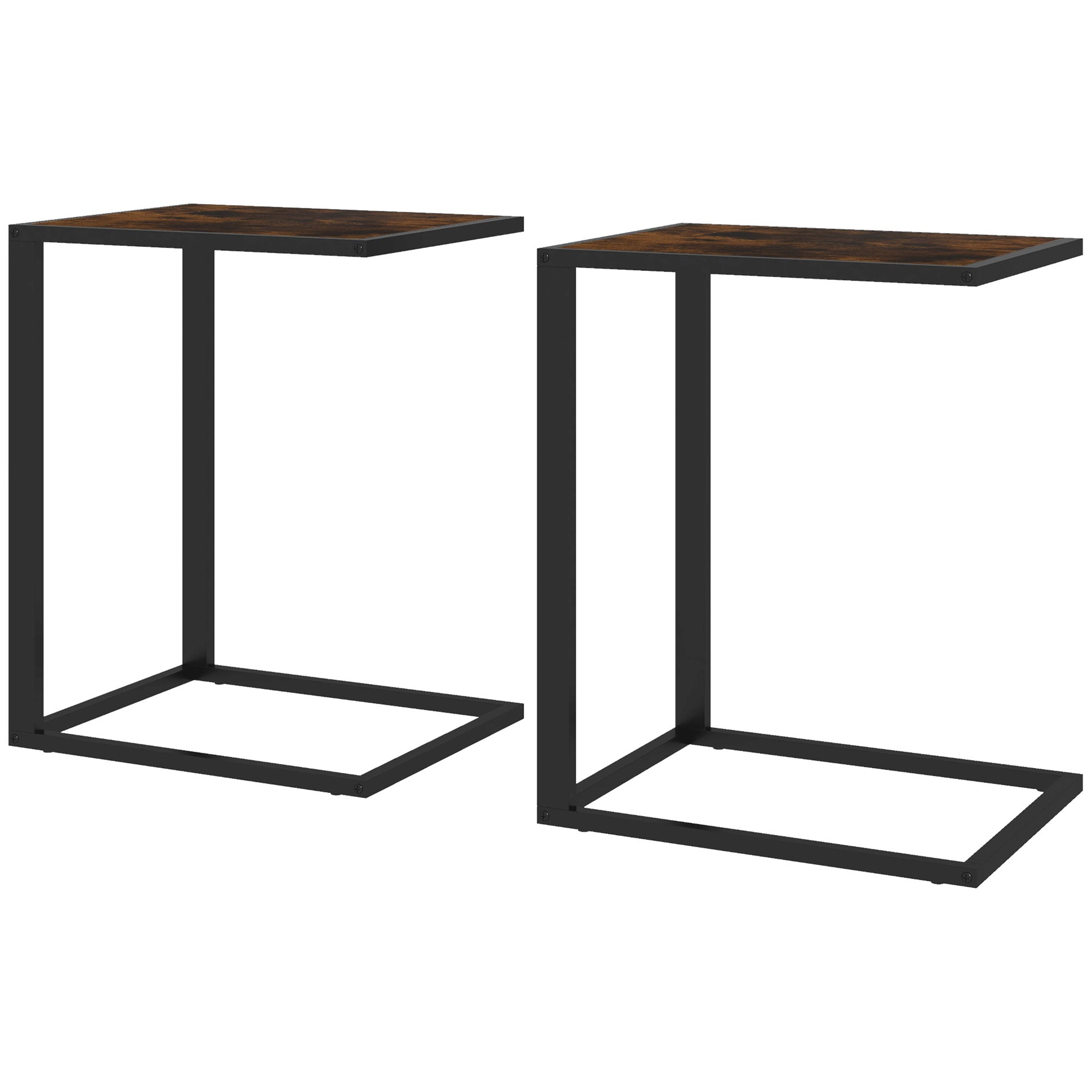 C-Shaped Side Table, Sofa End Table with Metal Frame, Accent Couch Table for Living room, Bedroom, Set of 2, Brown and Black