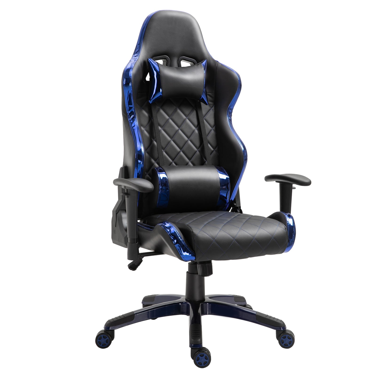 Holographic Stripe Gaming Chair Ergonomic PU Leather High Back 360° Swivel w/ 5 Wheels 2 Pillows Back Support Racing Reclining Black and Blue