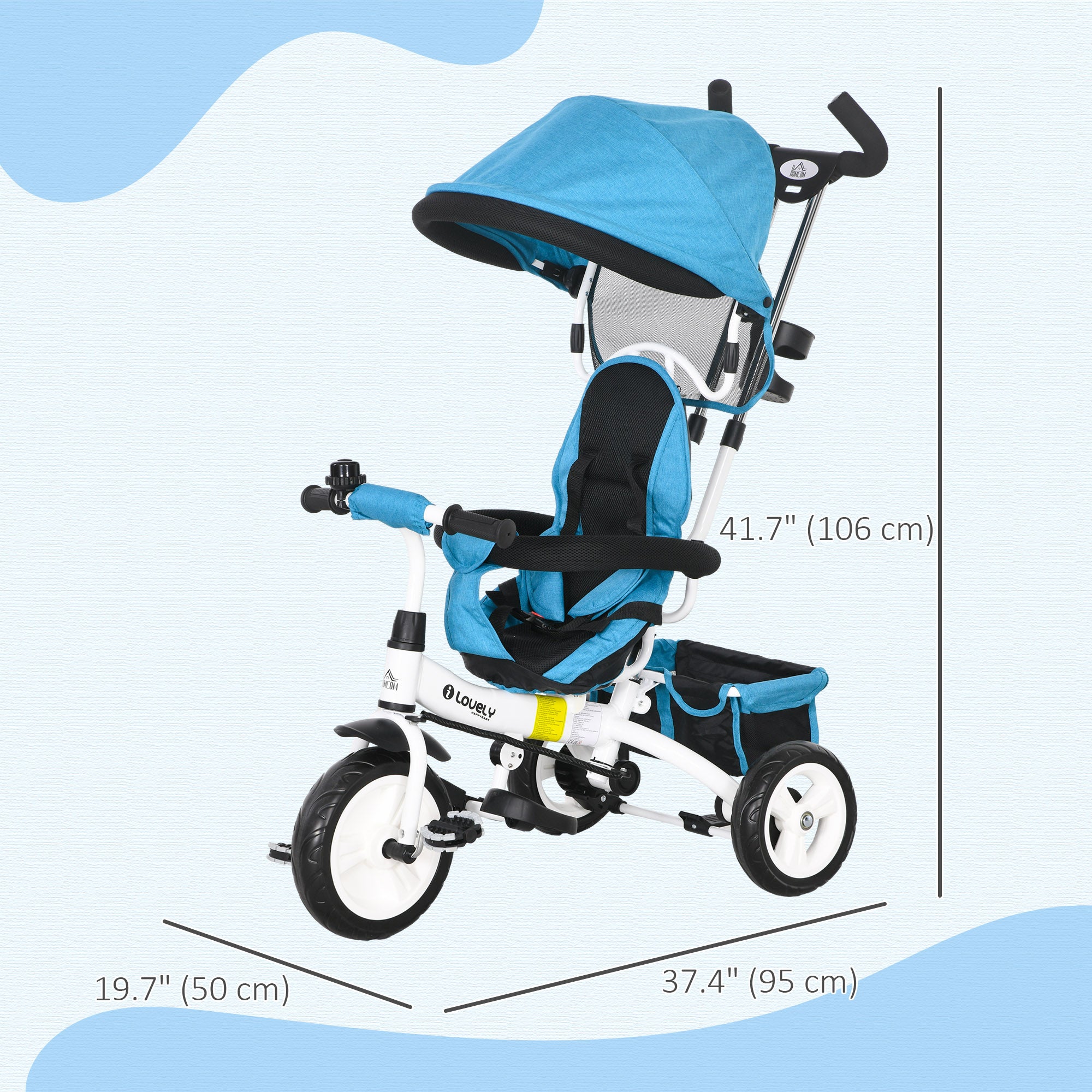 6 in 1 Kids Trike Push Bike w/ Push Handle, Canopy, 5-point Safety Belt, Storage, Footrest, Brake, for 1-5 Years, Blue