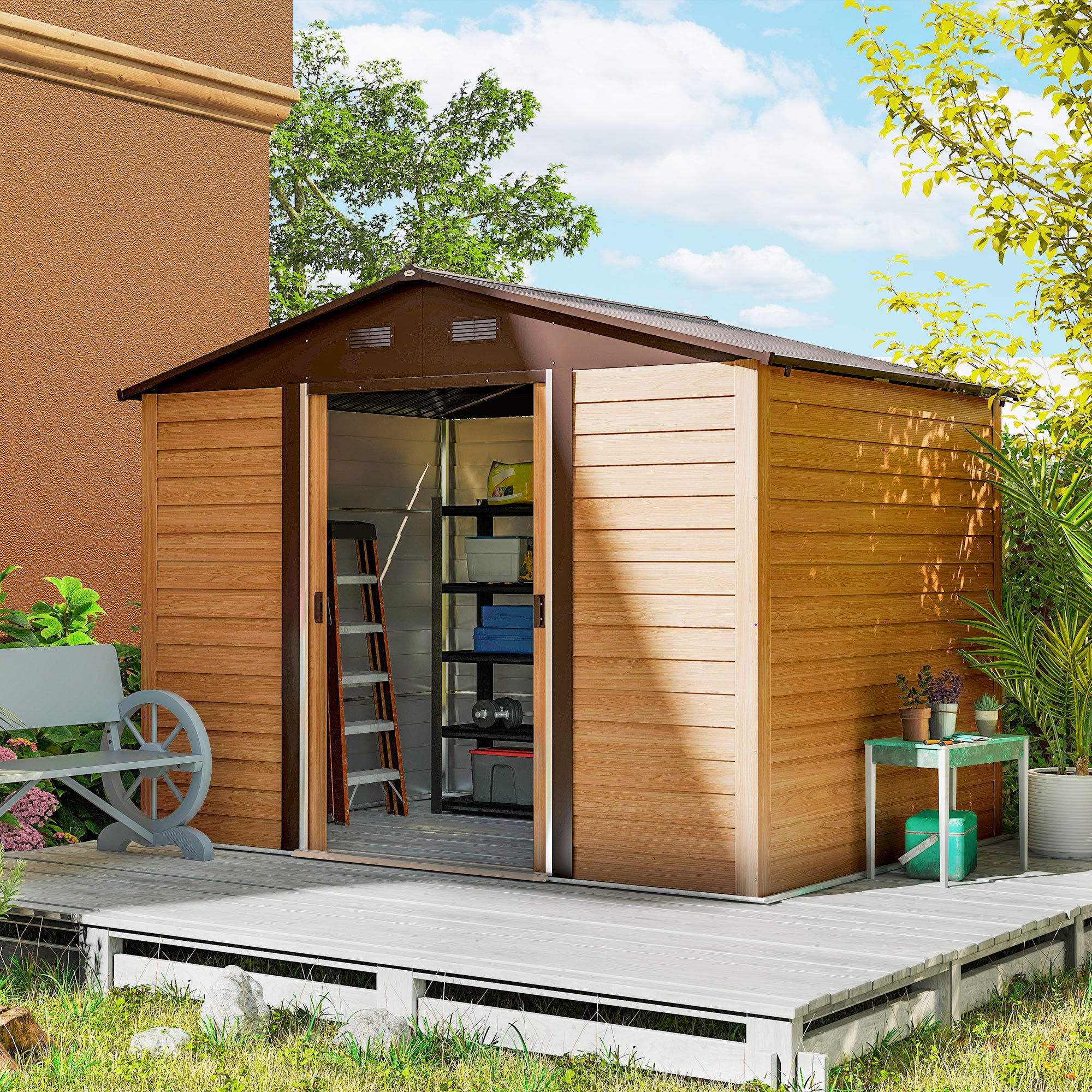 9 x 6ft Galvanised Steel Shed with Double Sliding Doors with 4 Ventilation Slots - Brown Wood-Effect