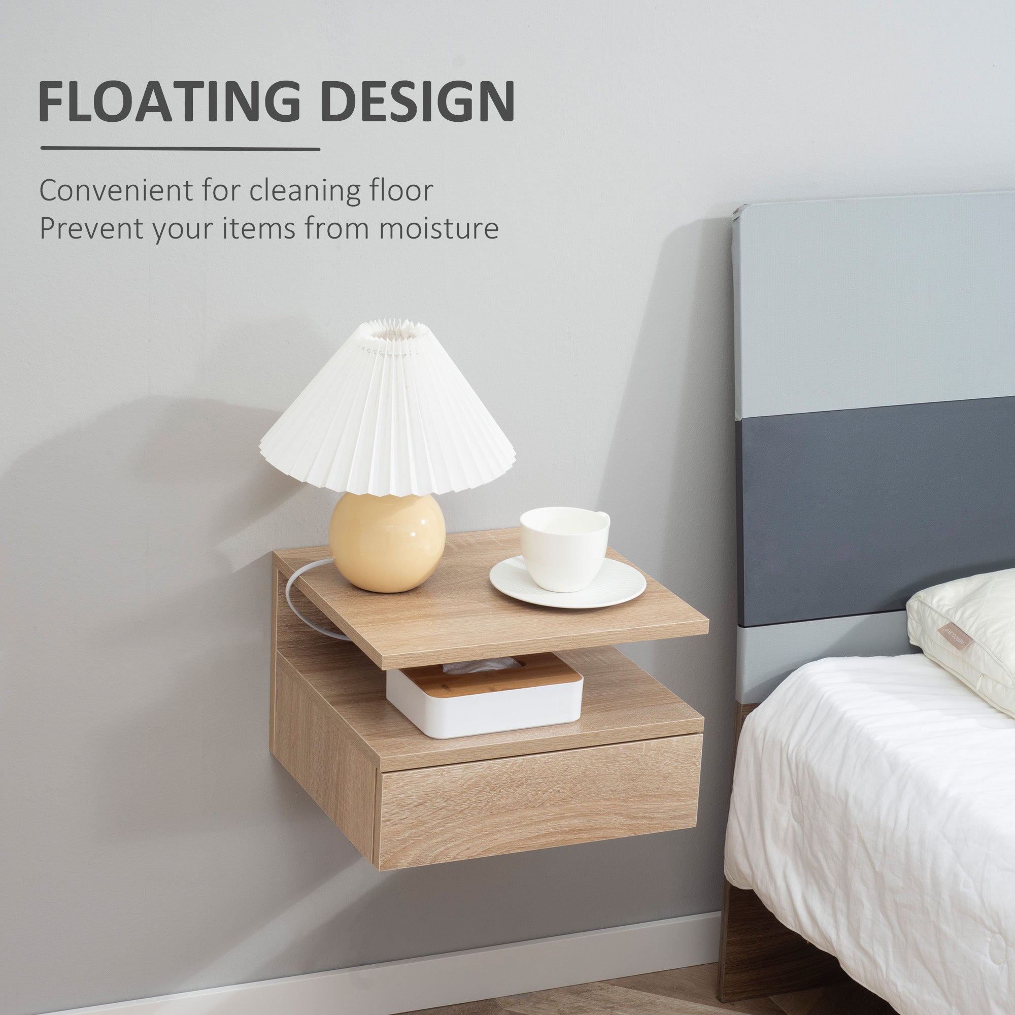 Set of Two Floating Bedside Tables - Oak Tone