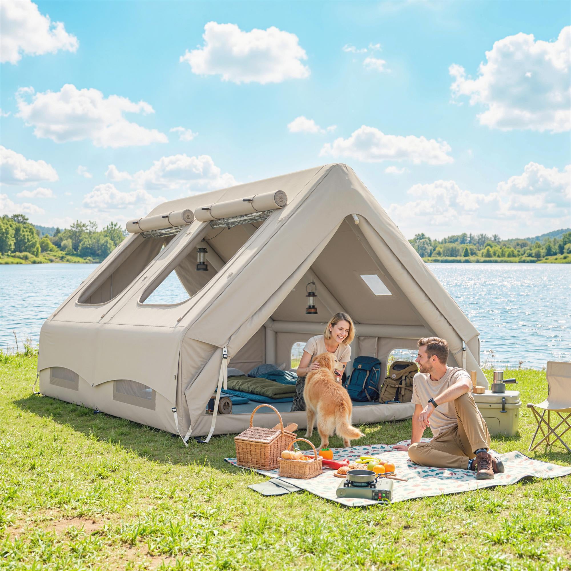 Inflatable Camping Tent, 4 Season Hot Tent 10000mm Waterproof with Chimney Opening, Sky Light and Air Pump, Khaki