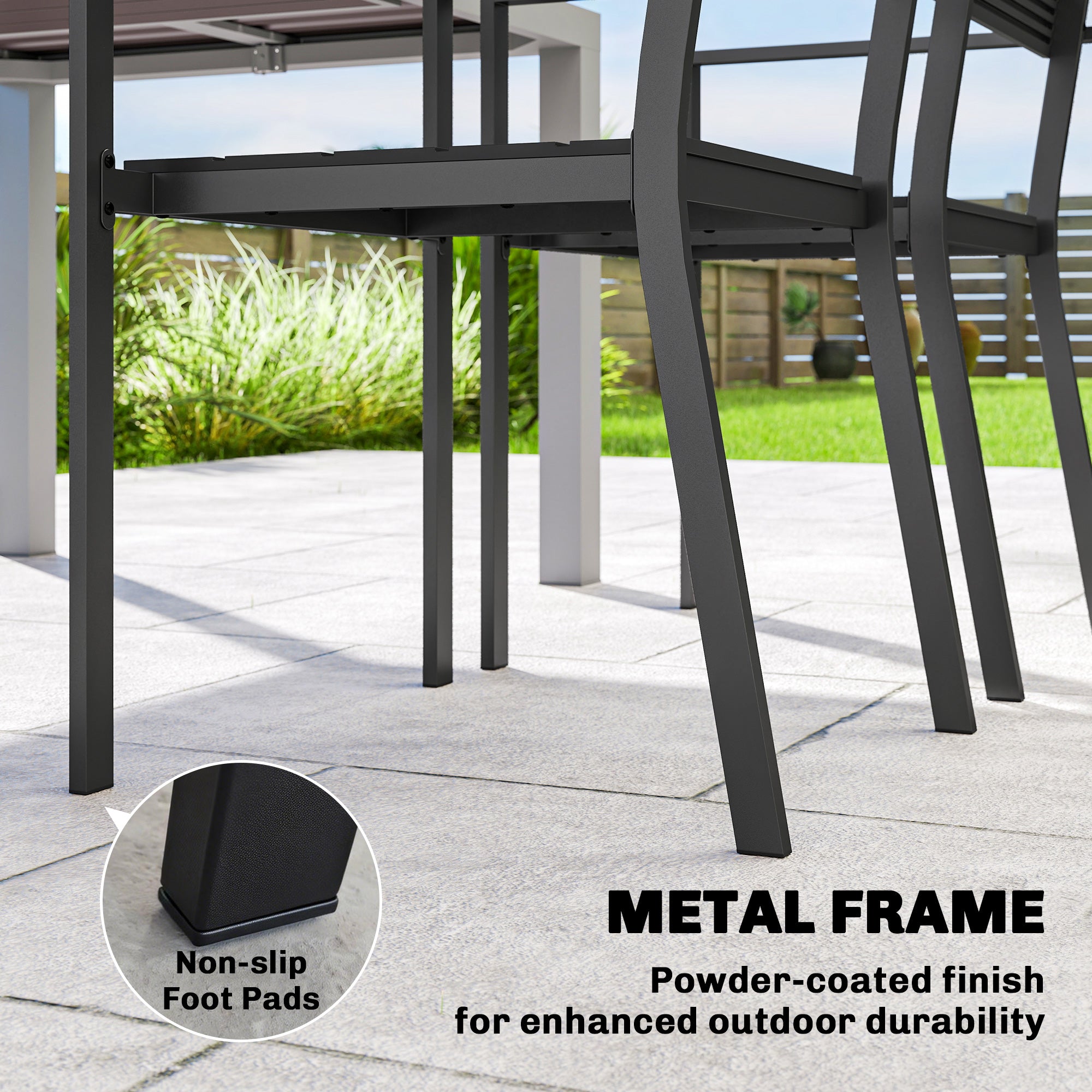 Stackable Garden Chairs Set of 4, Garden Dining Chairs with Slatted HDPE Seat Back, Armrests, Metal Frame, Black