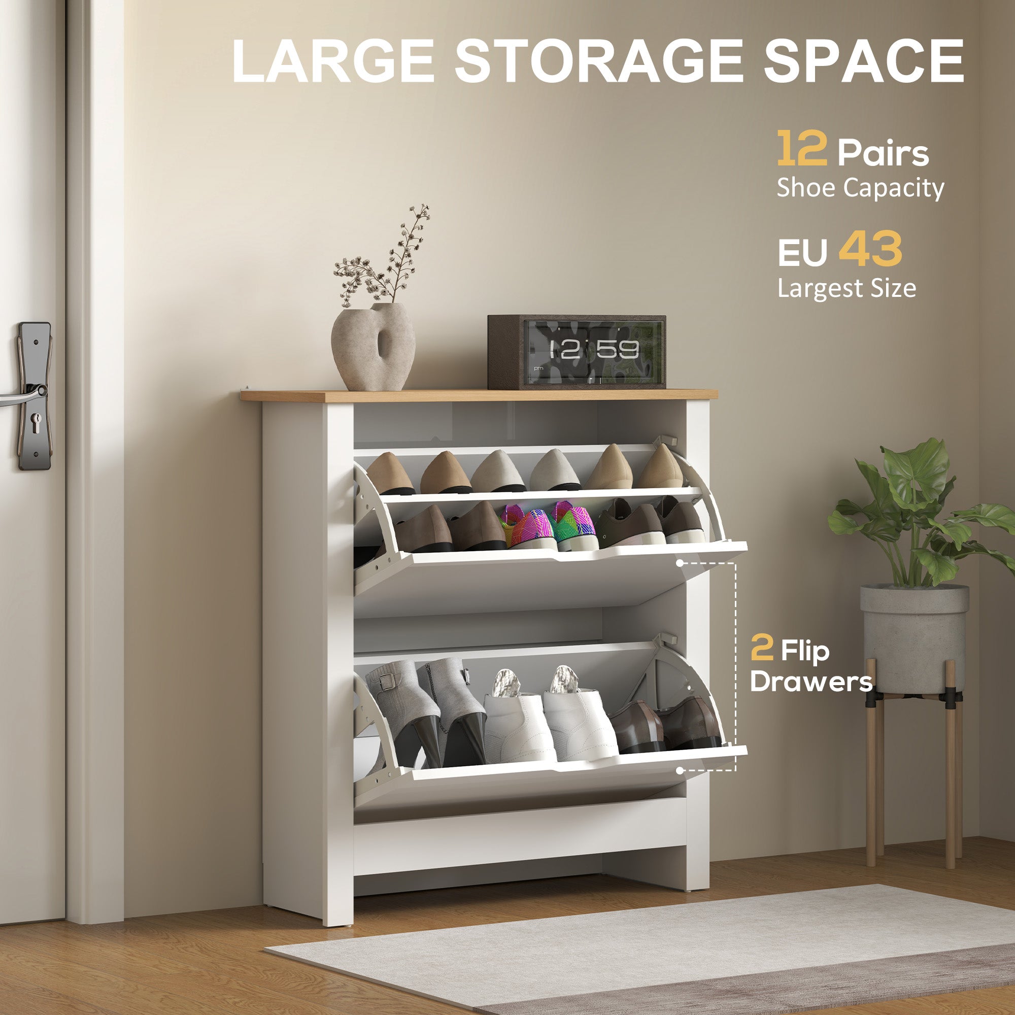 Slim Shoe Cabinet, Narrow Shoe Cupboard with 2 Flip Drawers, Adjustable Shelves for 12 Pairs of Shoes, High Gloss White