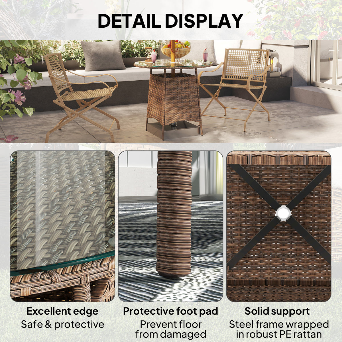 Wicker Rattan Outdoor Coffee Table with Tempered Glass Top - Brown