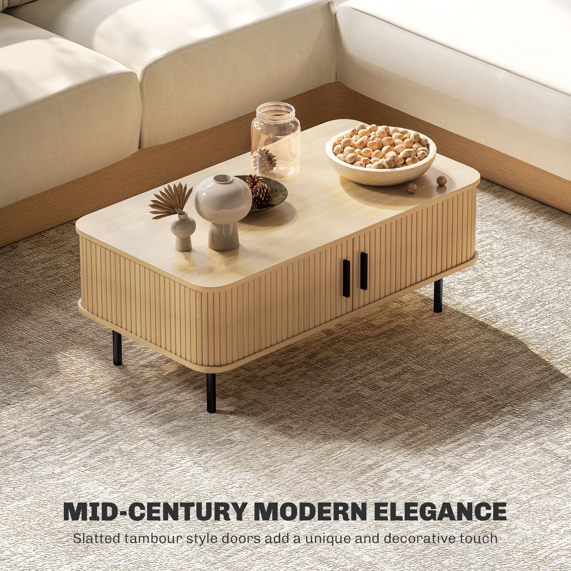 Rectangular Coffee Table with Storage and Slatted Tambour Sliding Doors, Elevated Base with Foot Pads - Oak