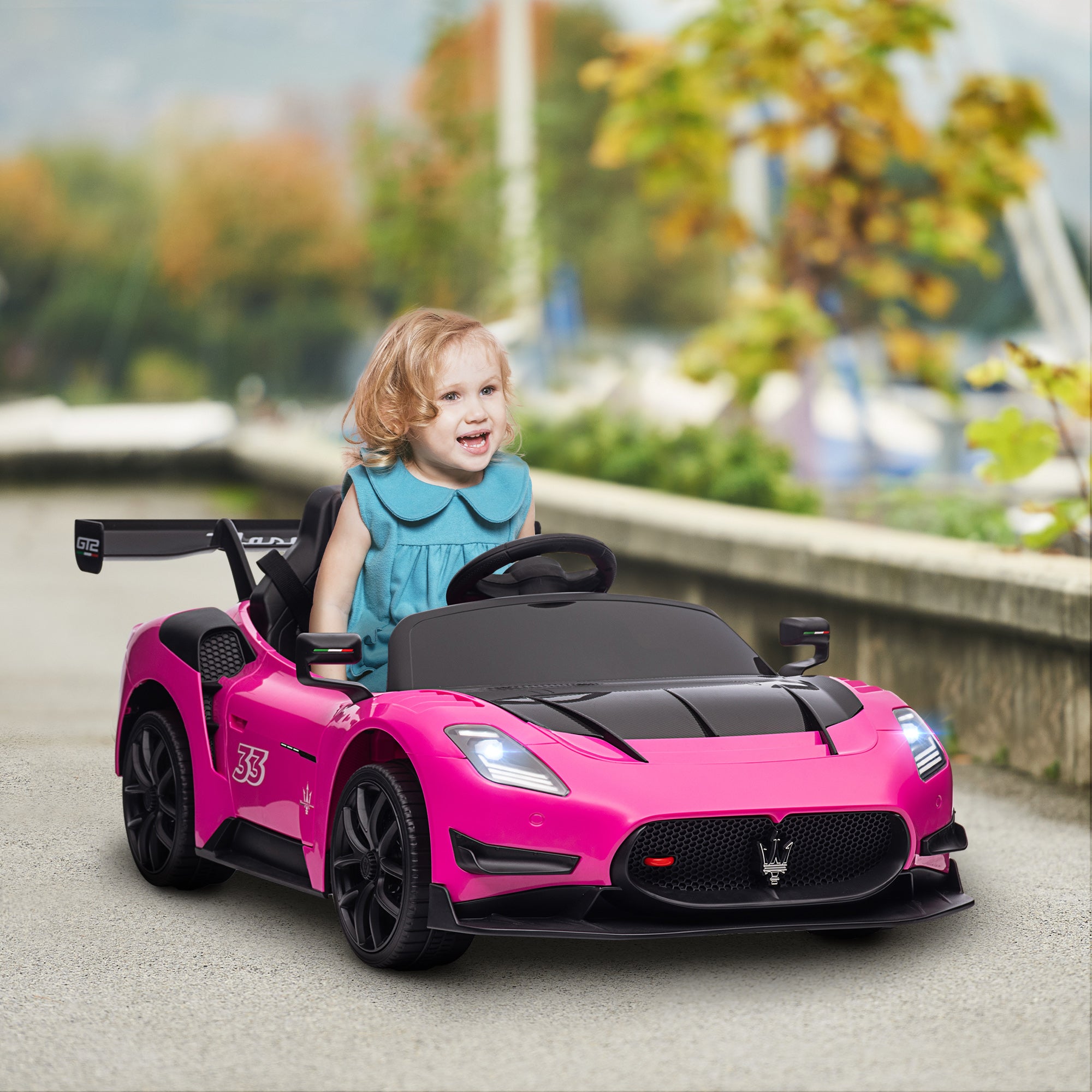 Maserati GT2 Licensed 12V Kids Electric Ride on Car with 4 Suspension, Remote Control Music Horn Lights - Pink