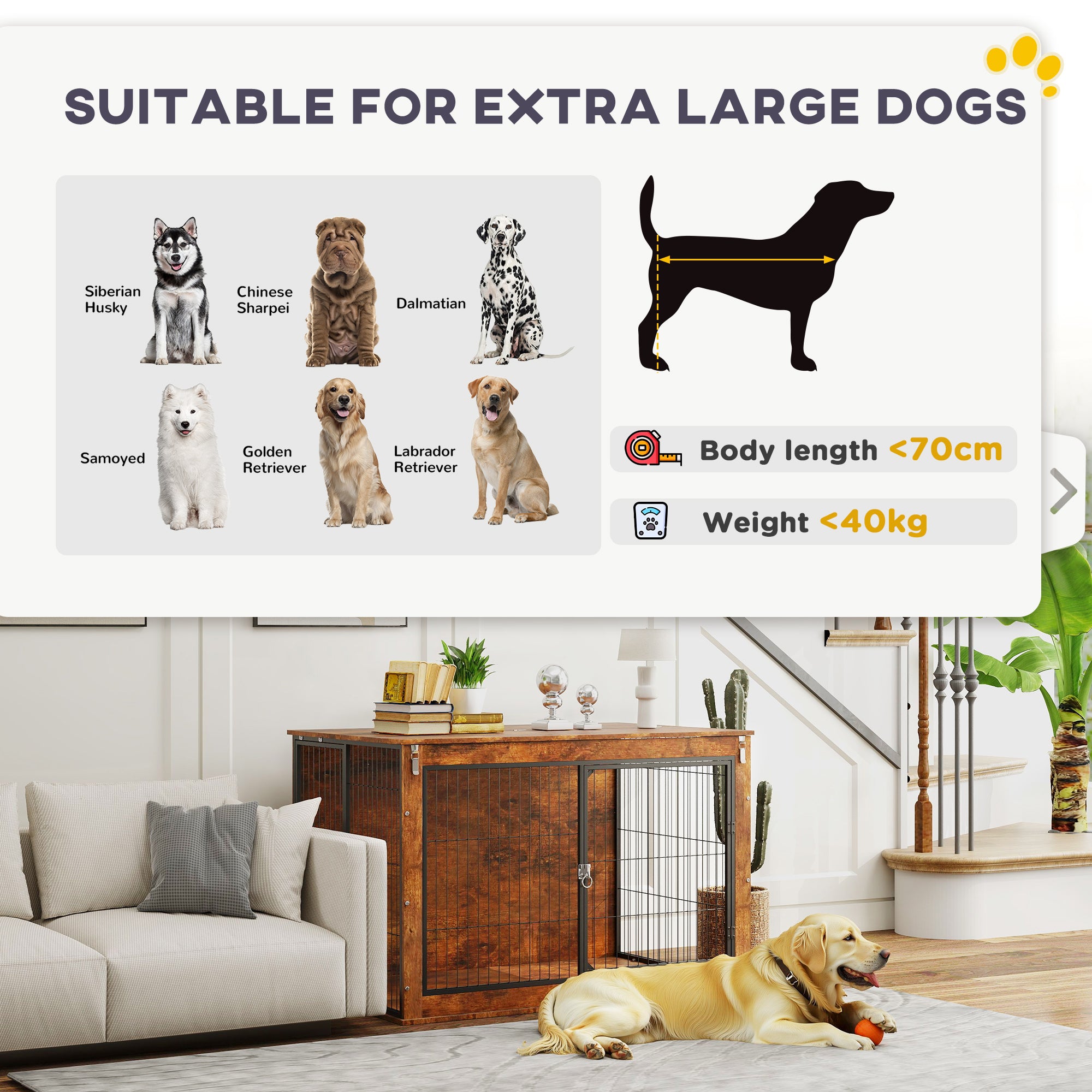 Dog Crate Furniture with Flip-up Top, 2 Doors, for Extra Large Dogs, 118 x 75 x 77cm, Rustic Brown