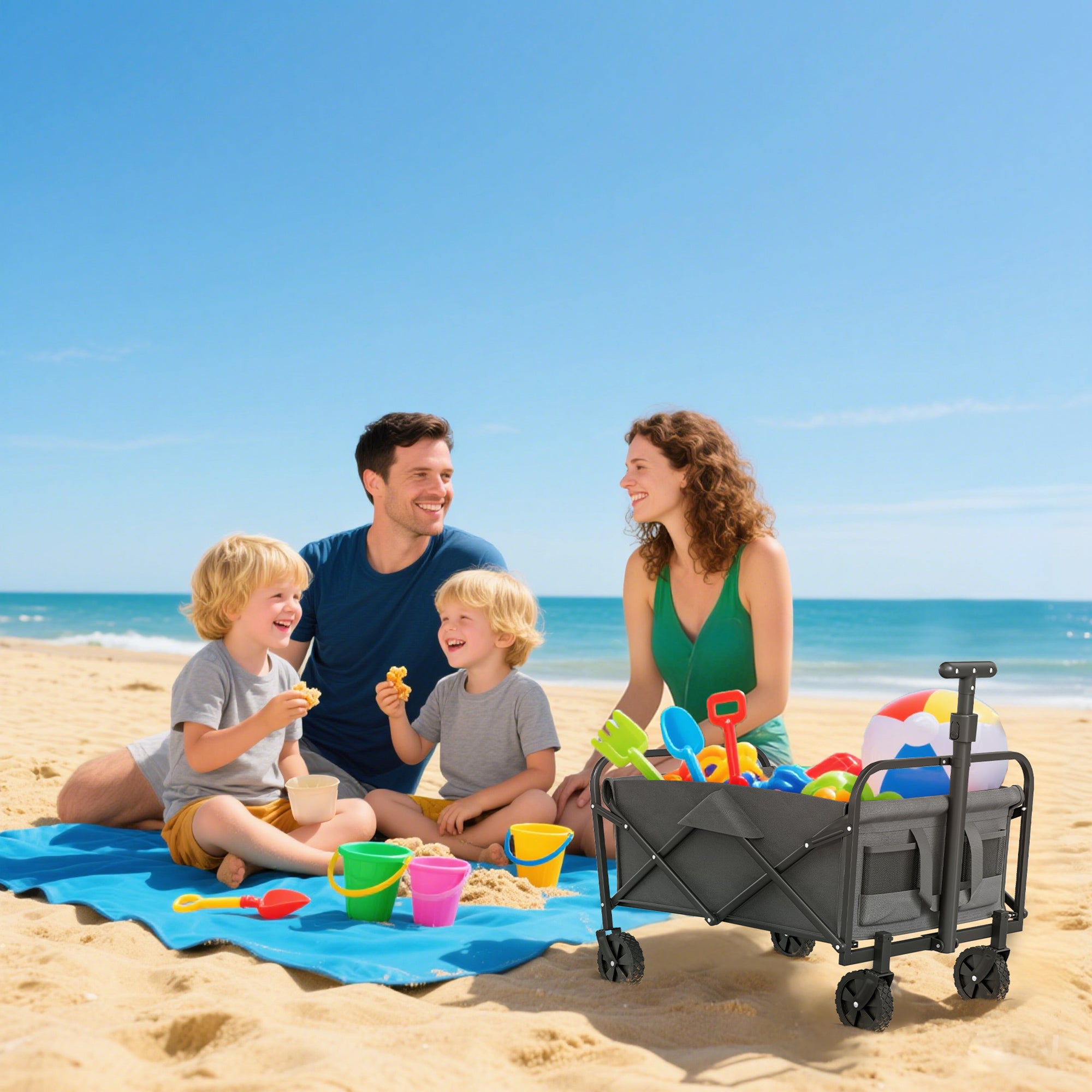 93L Festival Trolley on Wheels, Garden Folding Trolley Cart, 120kg Heavy Duty Collapsible Folding Wagon with Adjustable Handle and Carrying Bag for Beach, Camping, Festival, Grey
