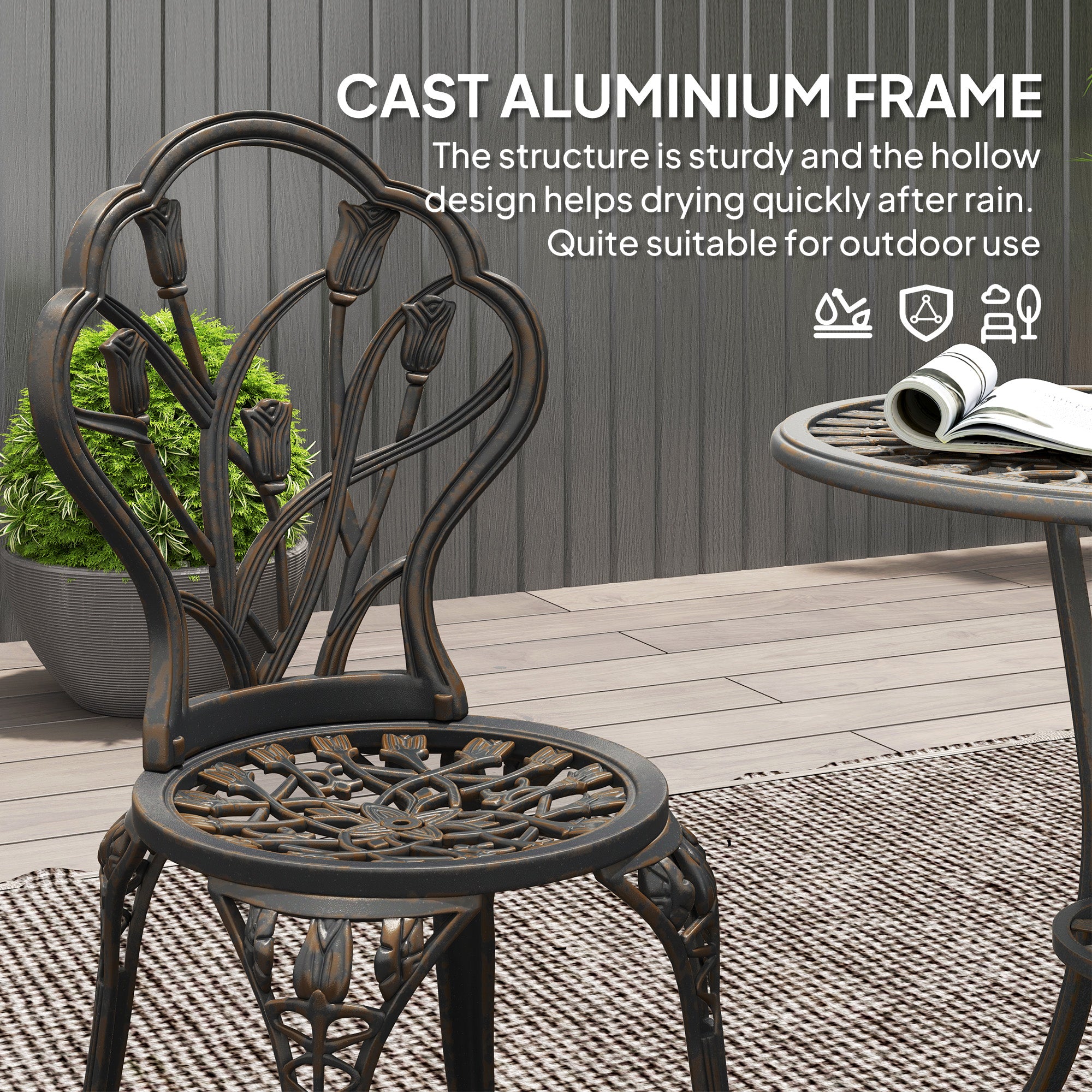 3 Piece Aluminium Patio Bistro Set with Umbrella Hole - Bronze Tone