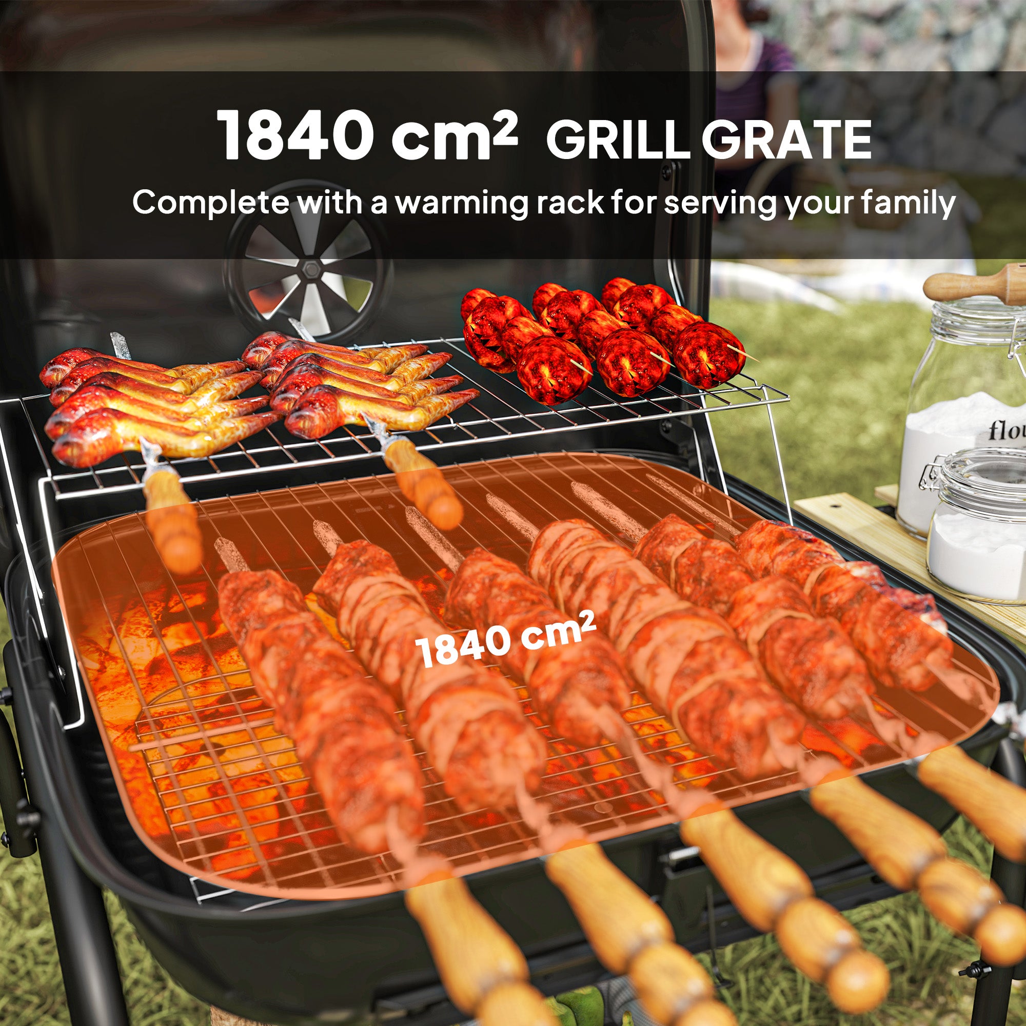 Charcoal Barbecue Grill Portable BBQ Grill with 1840 cm² Cooking Area, 3 Shelves, Adjustable Vent, Lockable Lid, Wheels for Outdoor Cooking, Garden Party, Black
