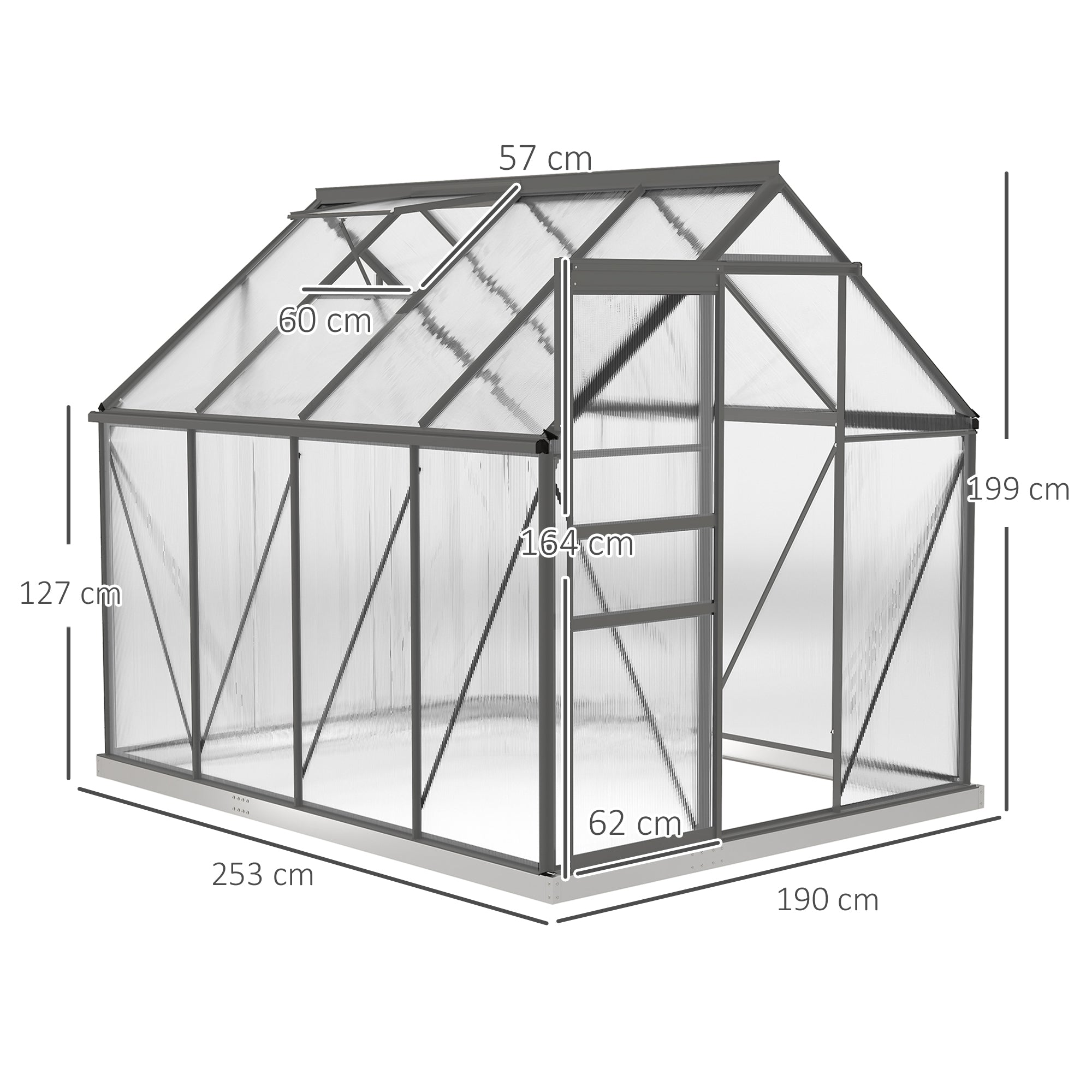 190 x 253 cm Walk-In Polycarbonate Greenhouse - Dark Grey