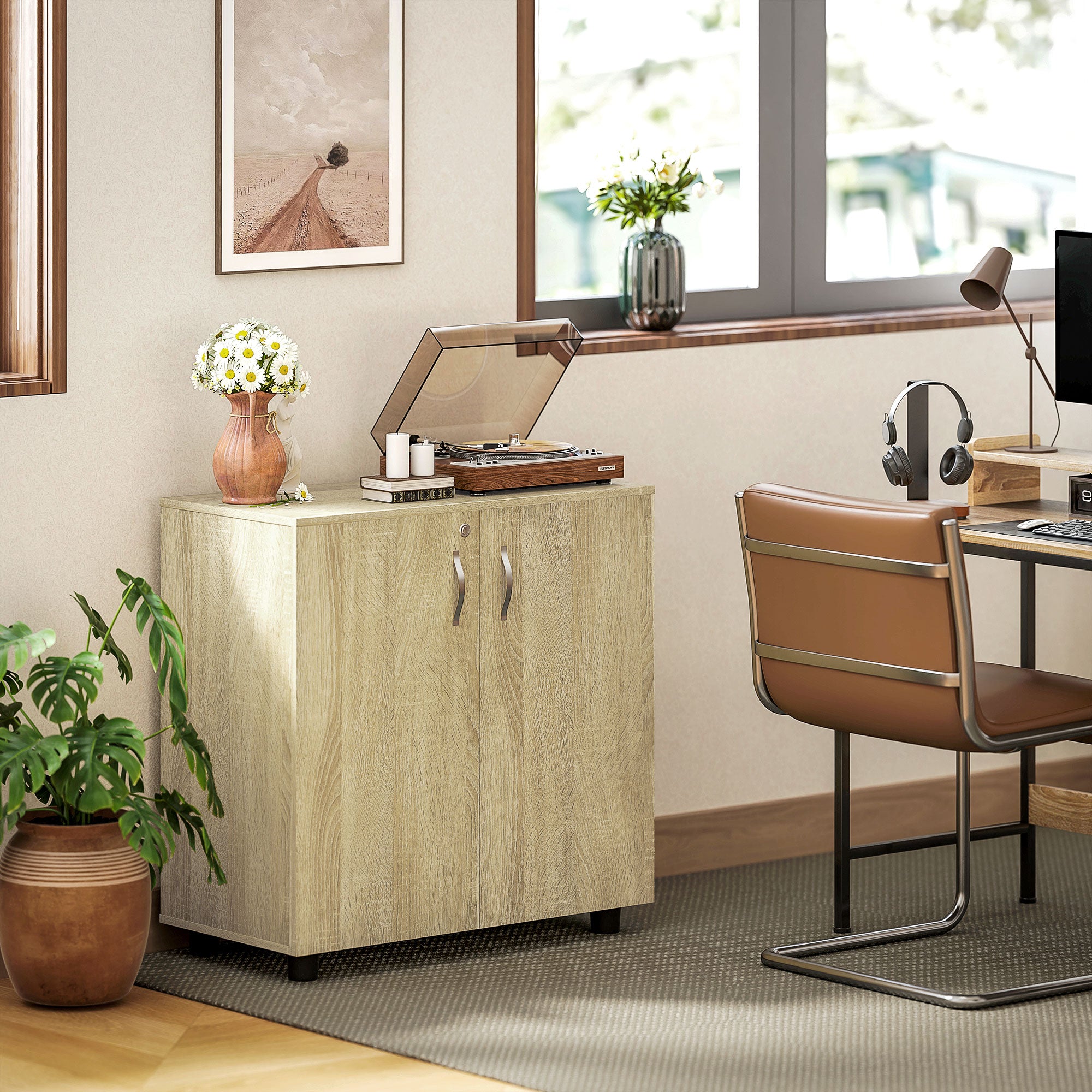 Two-Tier Locking Office Storage Cabinet with Keys - Oak