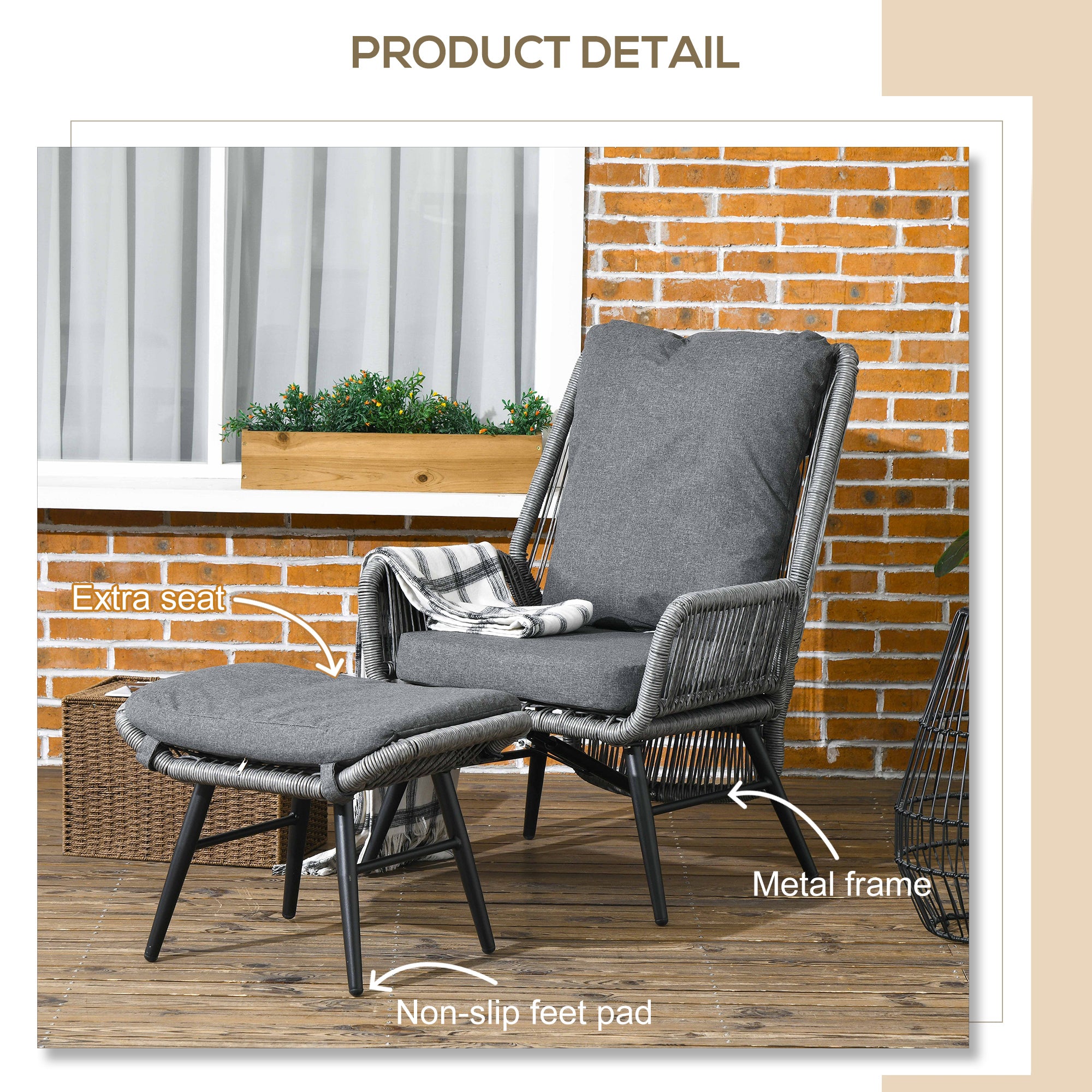 String Rattan Armchair and Footstool Set, with Cushions - Grey