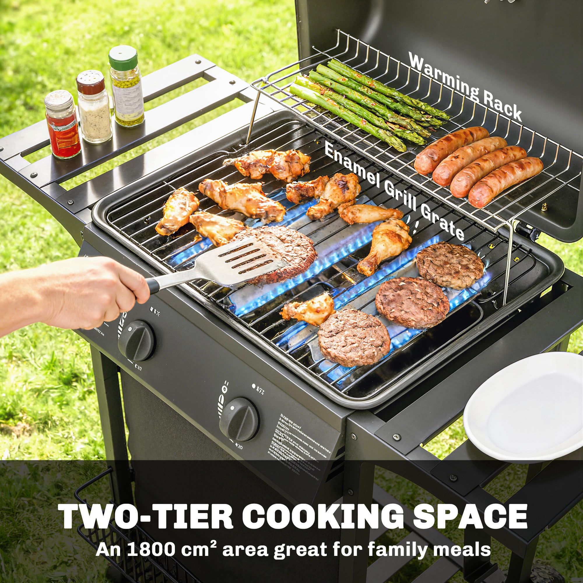 Gas Burner Barbecue Grill, 2 Burner Gas Grill with Side Tables, Warming Rack, Shelf, Thermometer, Grease Tray, Black