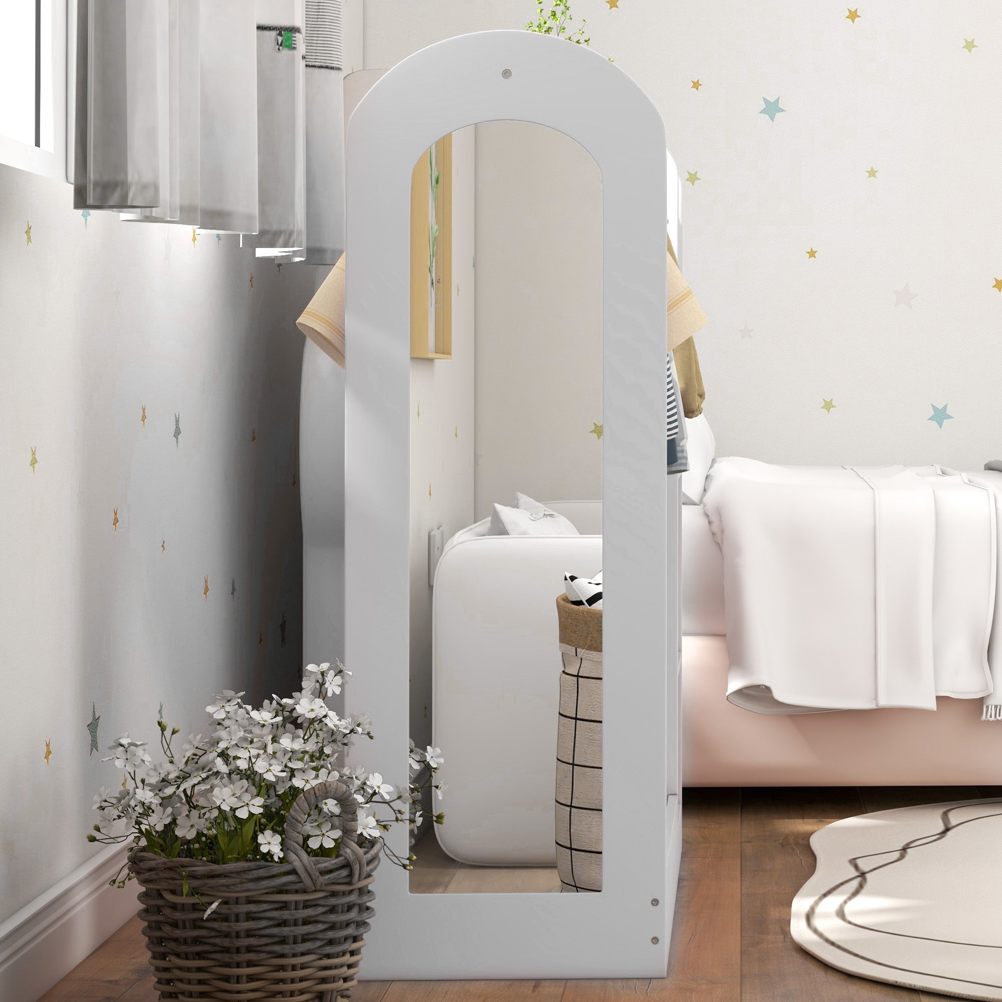 Kids Clothes Rail with Storage Shelf, Boxes & Mirror for Bedroom Nursery - White