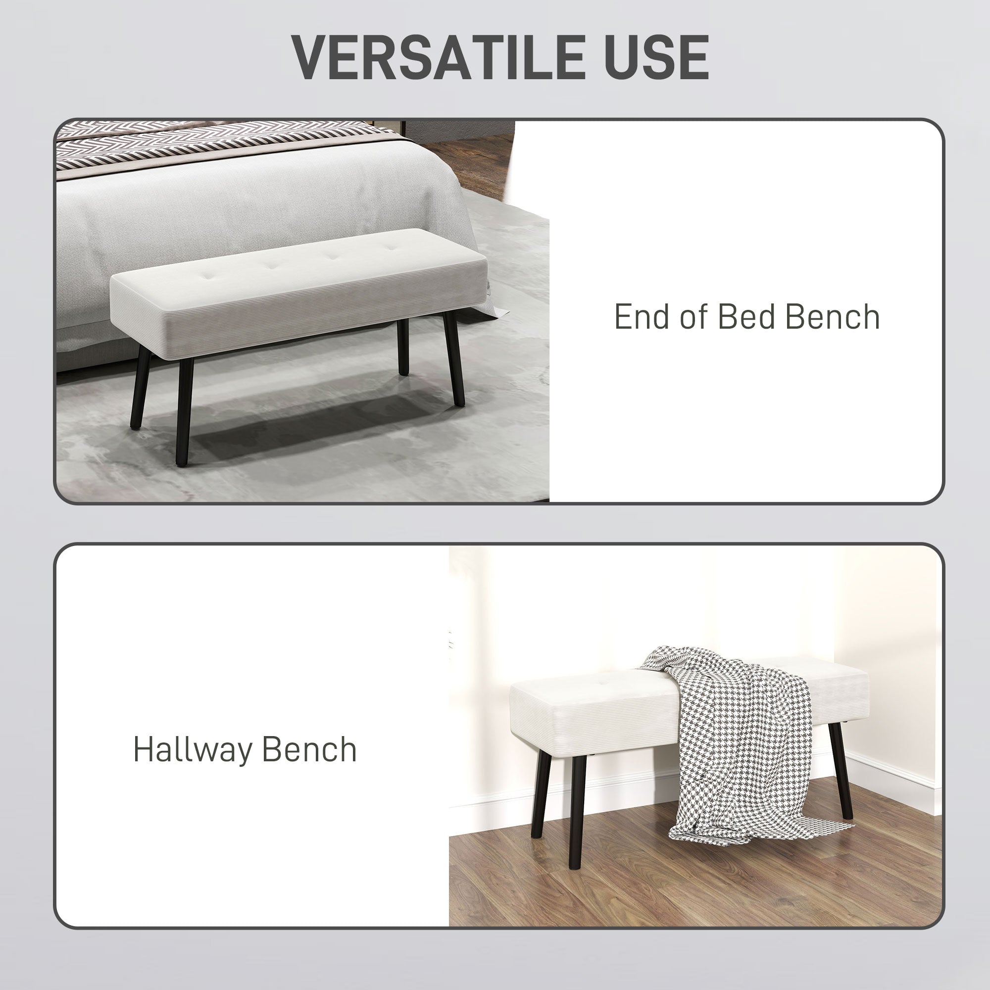 End of Bed Corduroy Bench with Thick Padding and Steel Legs - Cream White