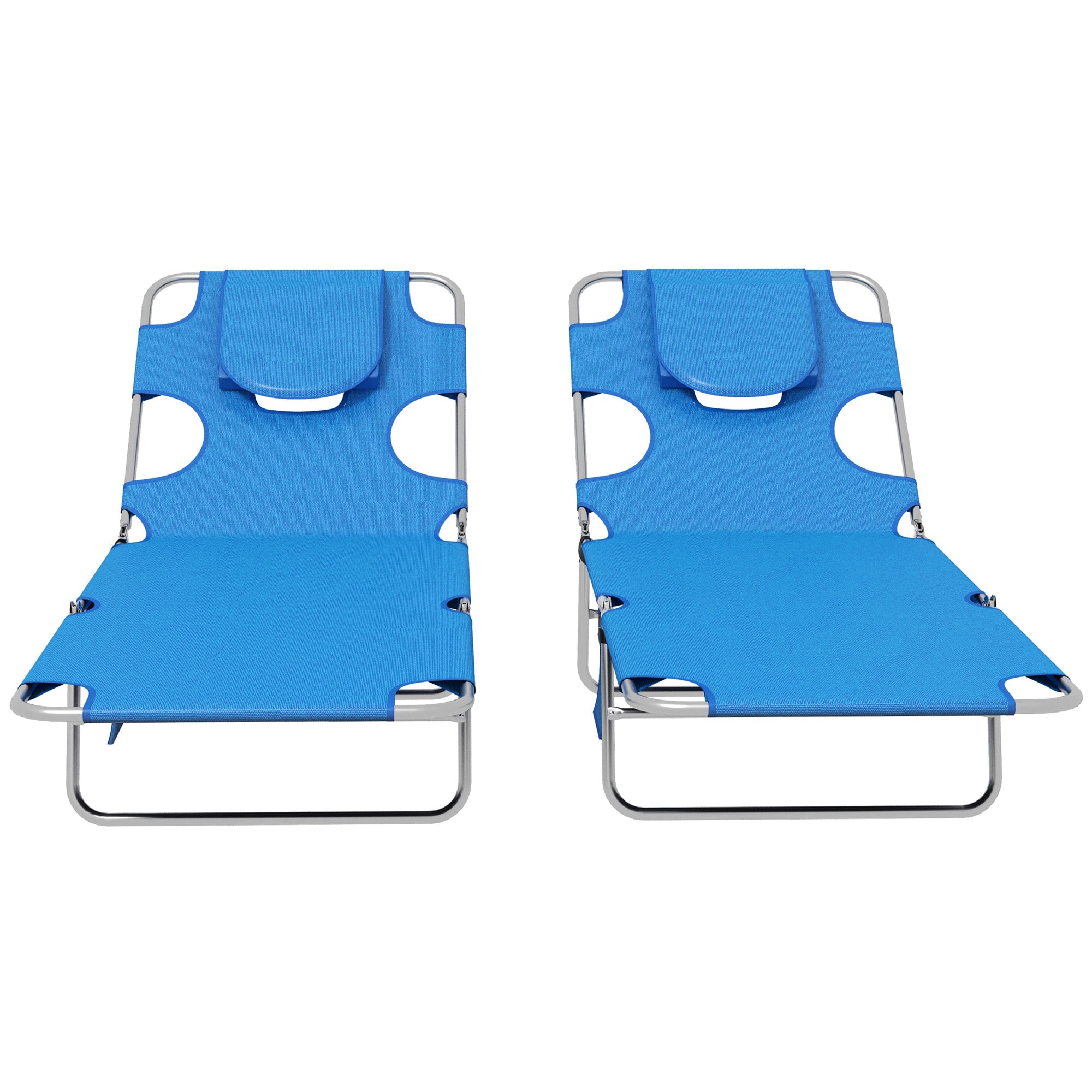Foldable Sun Lounger Set of 2 with Reading Hole, Portable Sun Lounger with 5 Level Adjustable Backrest, Reclining Lounge Chair with Side Pocket, Headrest Pillow, Blue